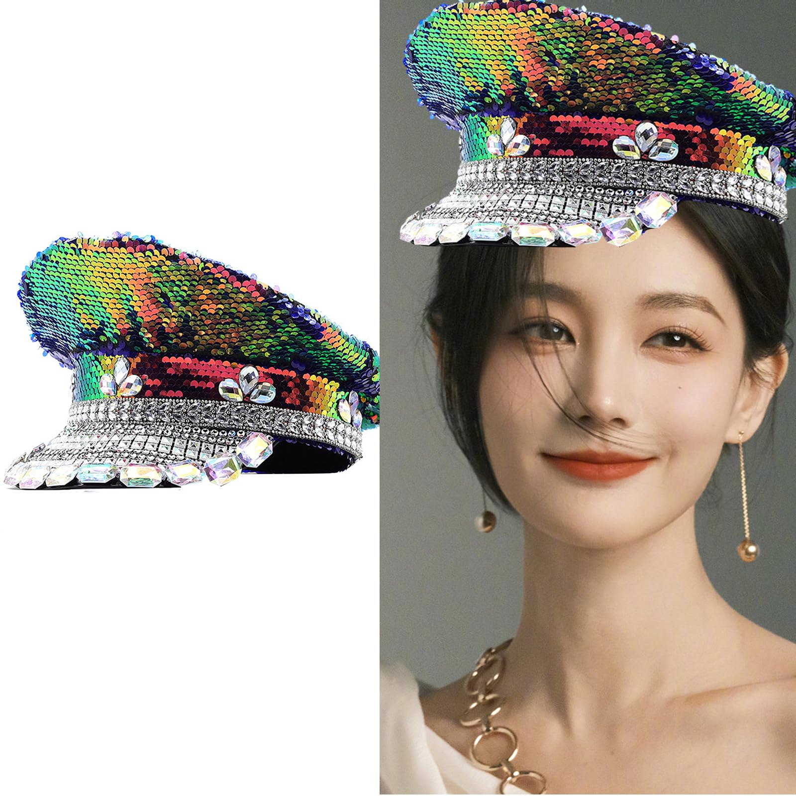 Cappello sergente con paillettes con strass addio al nubilato festa cosplay night club capitano copricapo donna matrimonio alla moda sposa