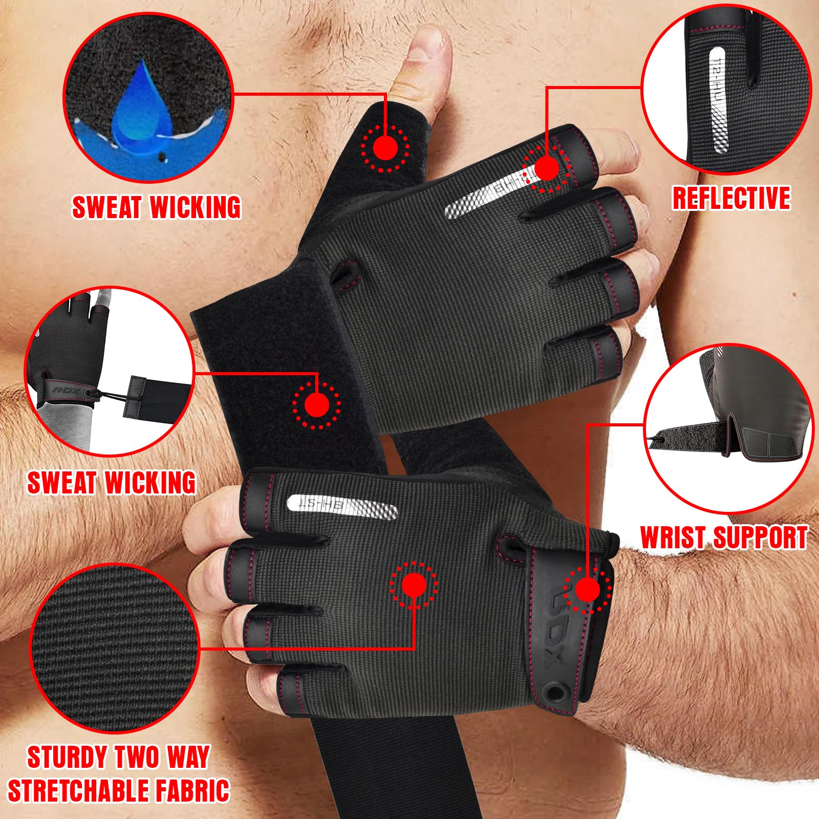 RDX Guanti per sollevamento pesi, protezione completa del palmo con fascia da polso, traspiranti, per sollevamento pesi, ciclismo, allenamento, trazioni, fitness e arrampicata