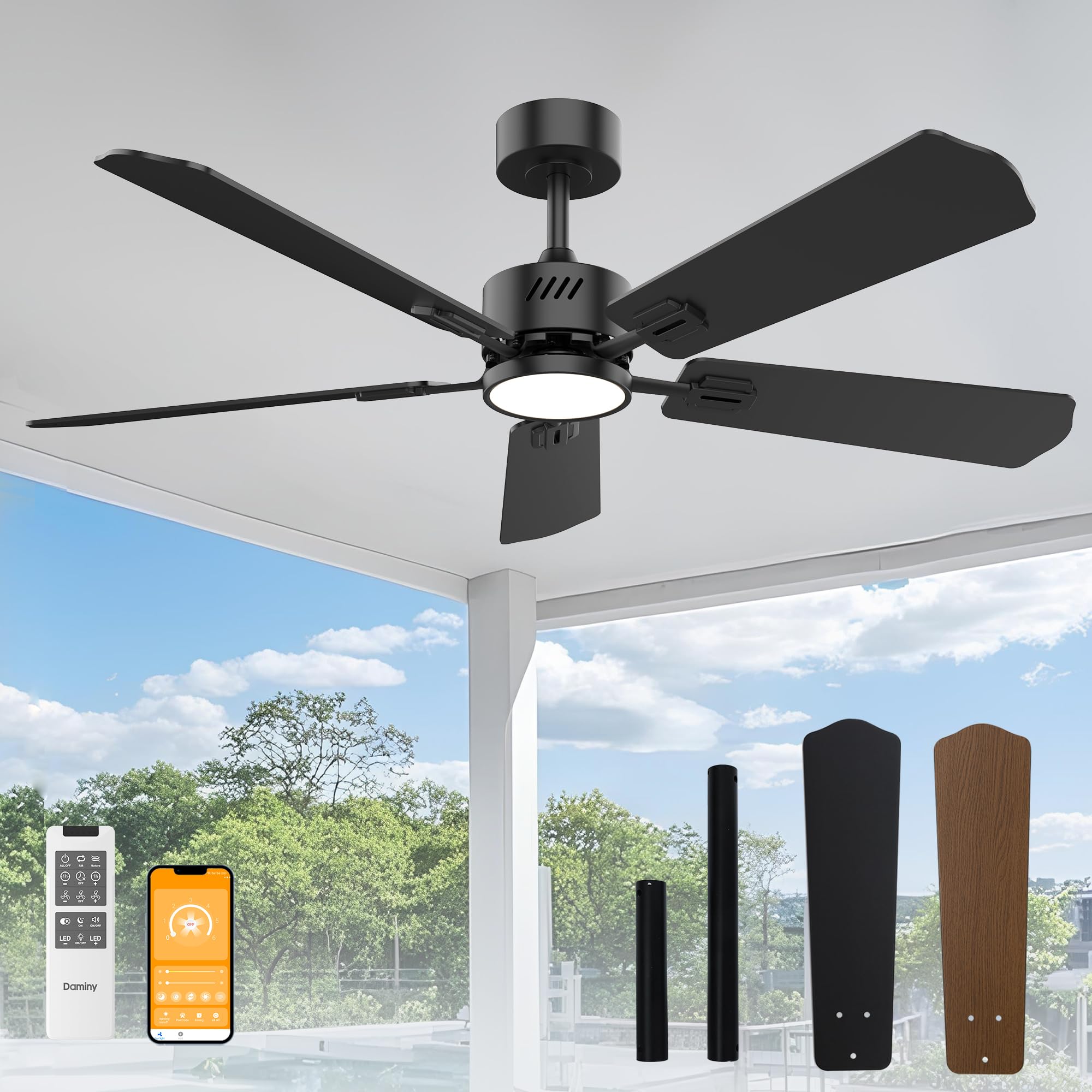 DAMINY 52 inch Ceiling Fan with Light,6CCT,5 Blade,Low Profile Ceiling Fan with Light and Remote Control,Downrods,Black,Living Room,Indoor/Outdoor Use