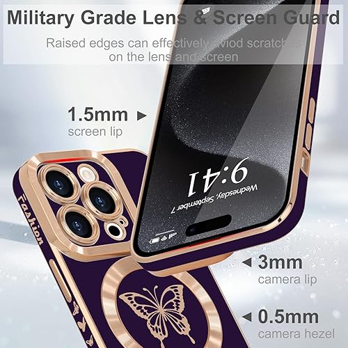 Miniatura 3 de Lafunda Funda magnética para iPhone 15 Pro Max para mujeres y niñas, compatible con MagSafe Bonita mariposa a prueba de golpes, protección de