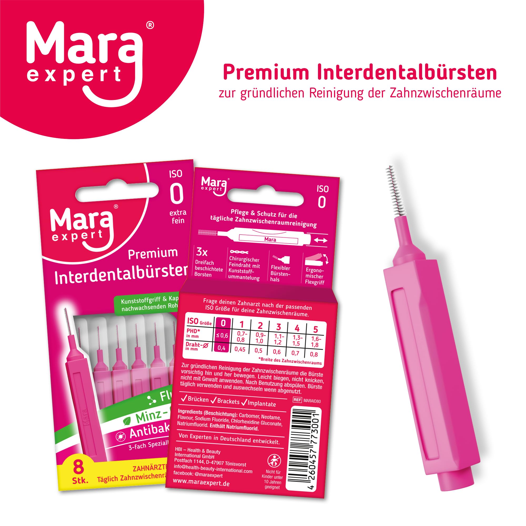 MARA EXPERT Cepillos interdentales ISO 2 – 10 x 8 cepillos interdentales rosa – Cepillo interdental con cerdas naturales – Manual, estacionario, para dientes, implantes, coronas, aparatos ortopédicos