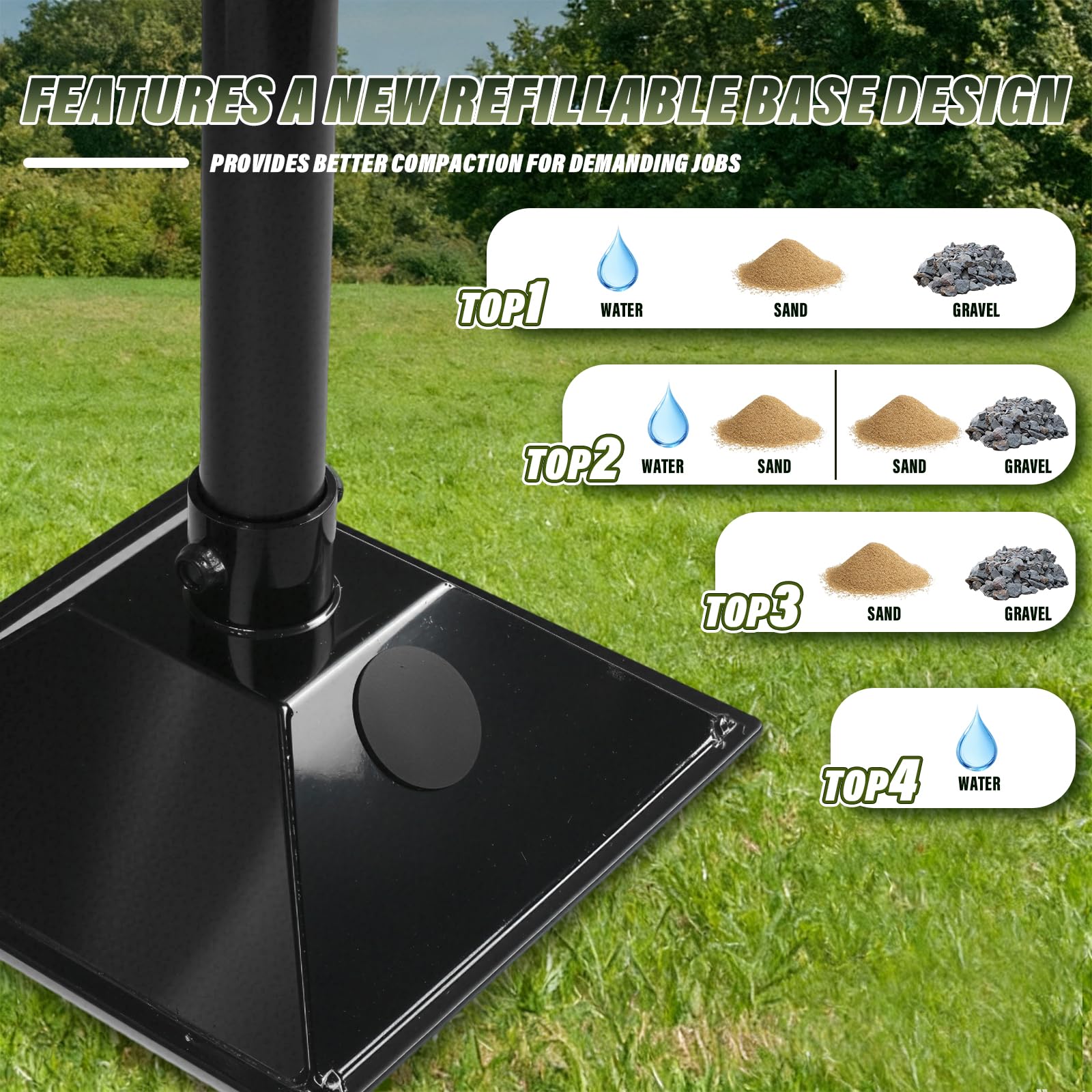 Tamper en acier avec poignée en acier réglable de 85 cm, poignée en caoutchouc et base remplissable de 20,3 x 20,3 cm, pilon robuste pour tamper le sol, le gravier, la réparation de pavés