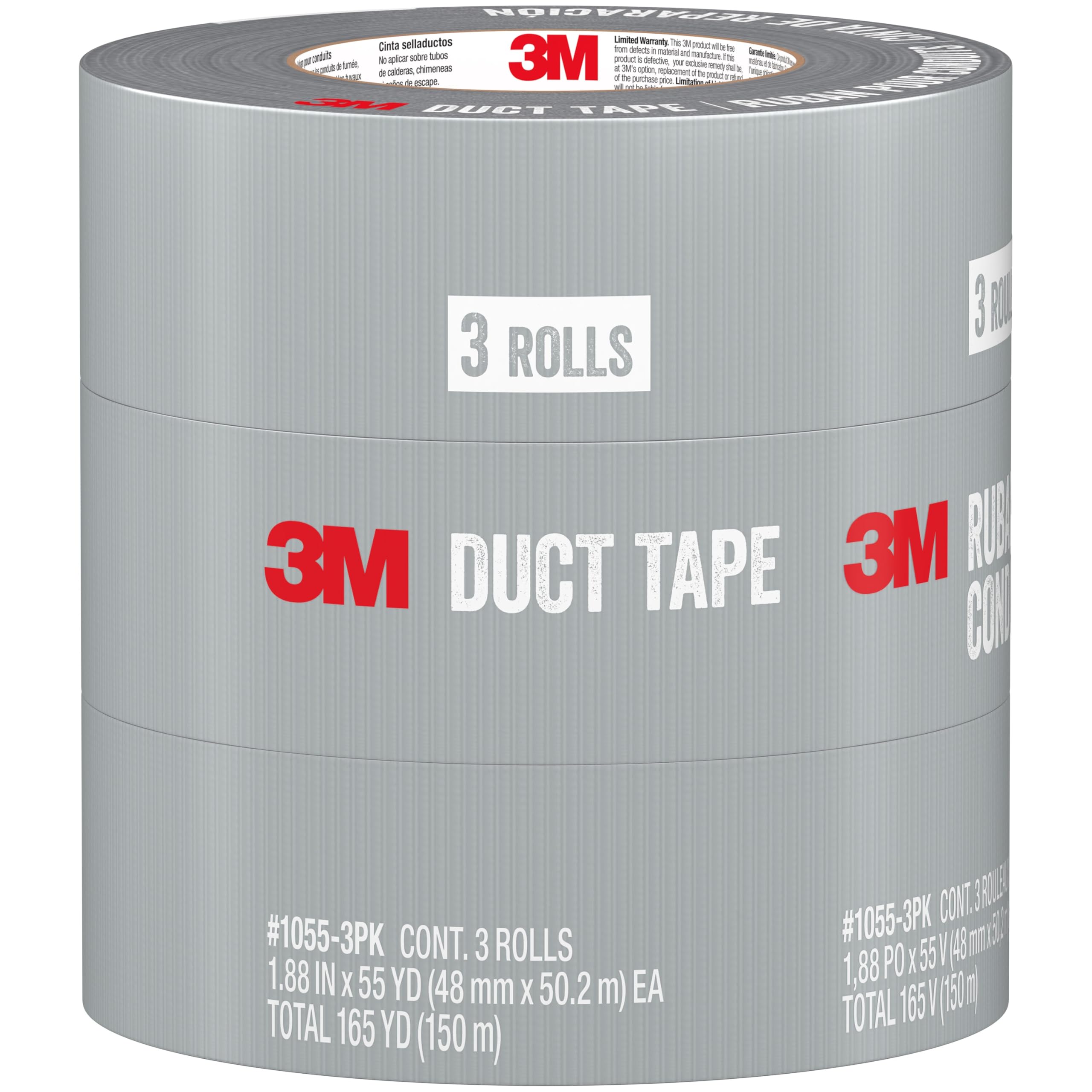 3M Duct Tape, 3 Rolls, 1.88 Inches x 55 Yards, Hand Tear, Bundle, Patch, Protect & Repair, Great Strength For Durability, Adheres To Multiple Surfaces (1055-3PK)