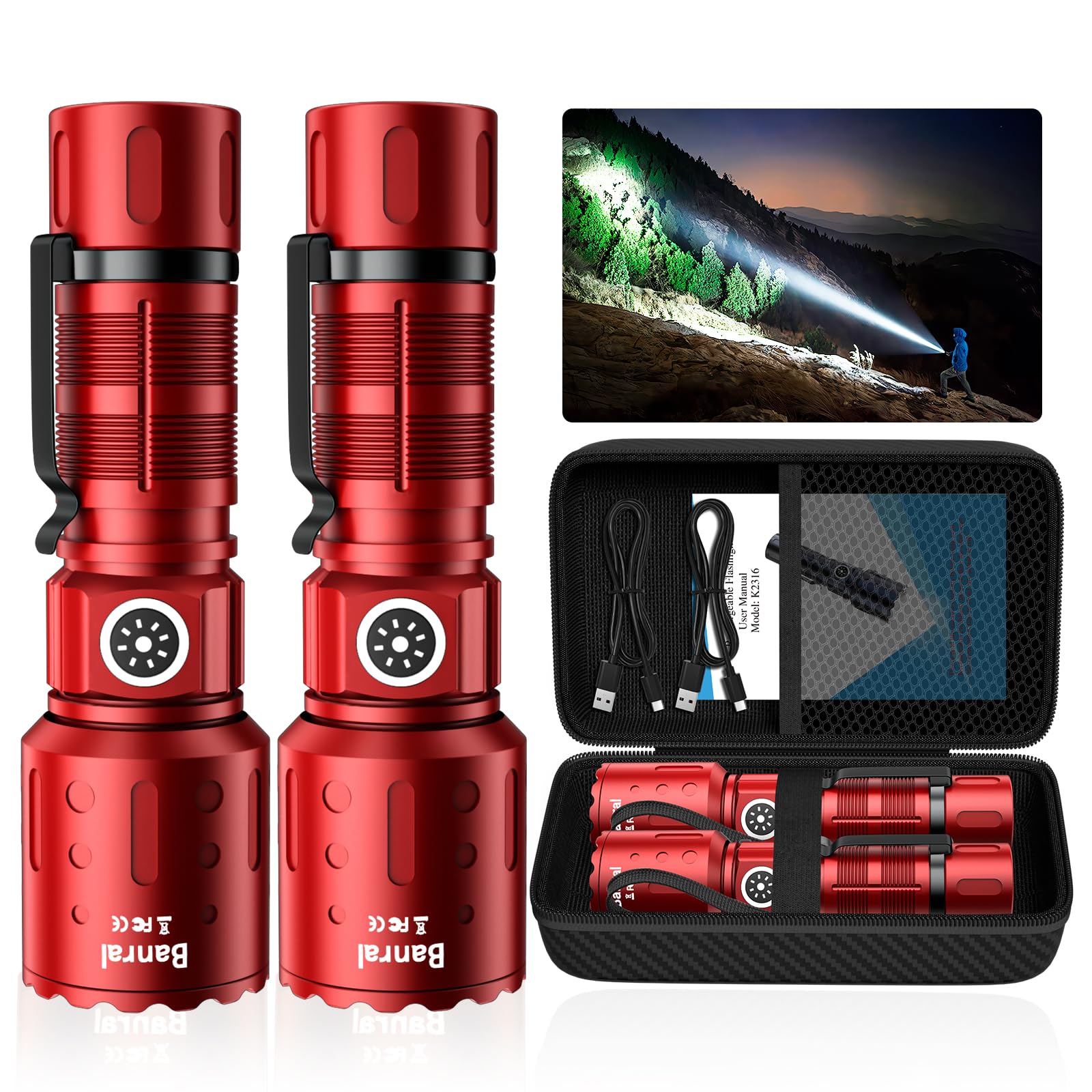 Flashlights High Lumens Rechargeable, 1500M Long Throw Super Bright LED Small Powerful Flashlight with Memory Function, 6Modes Pocket Waterproof Flash Light for Camping (2, Red)