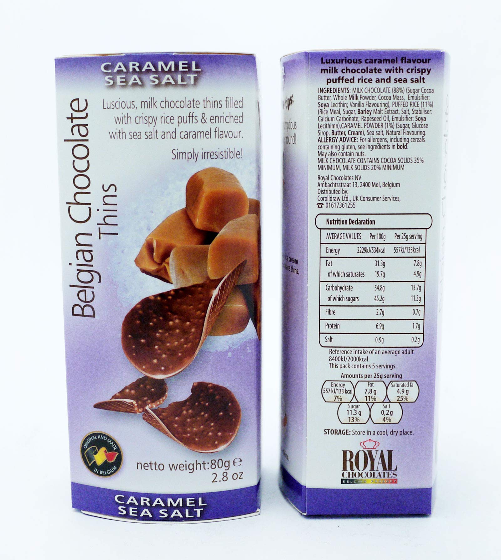 Buy Belgian Chocolate Thins Caramel & Sea Salt 80g (Box of 12) Online