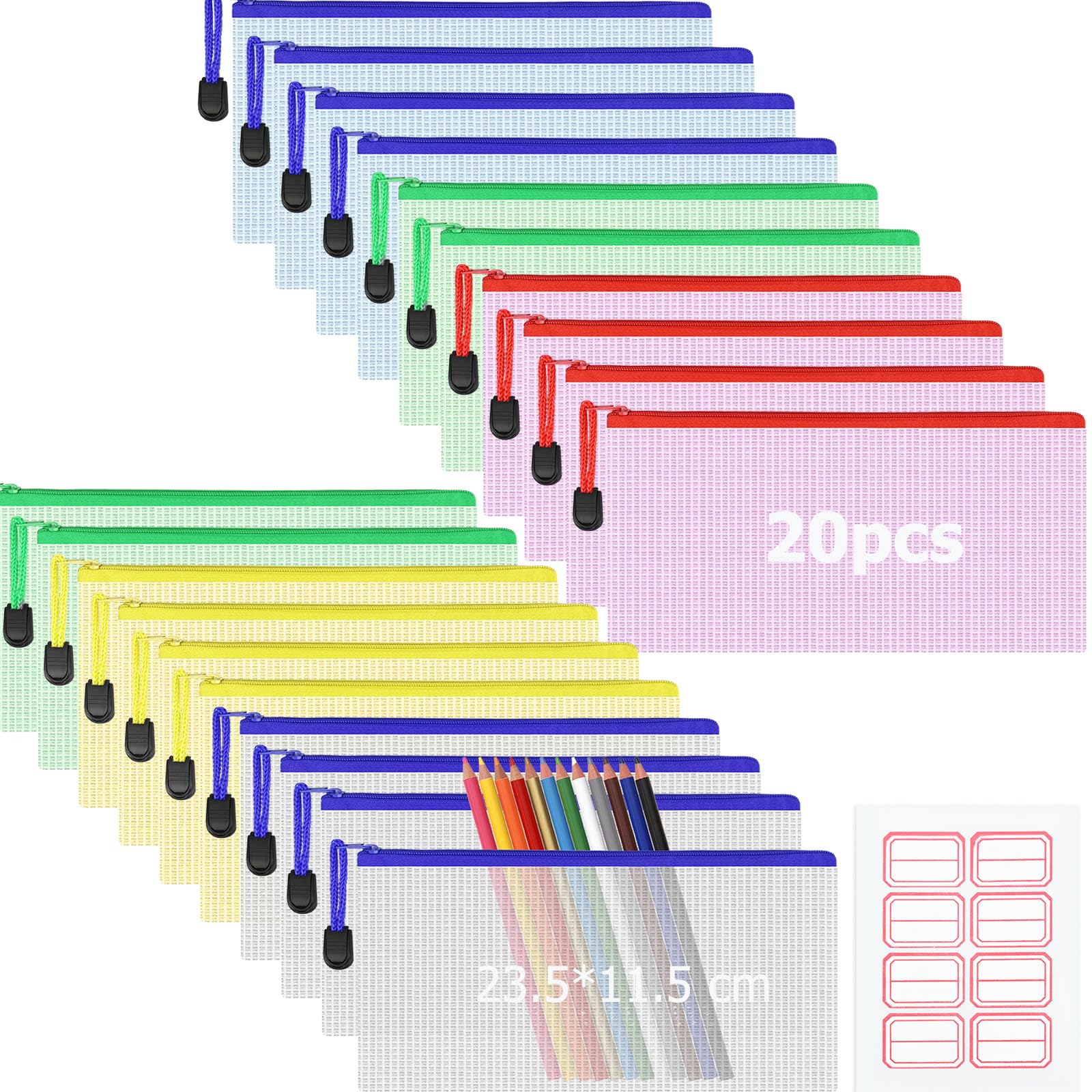 Pencil Cases Clear Pencil Case Plastic Mesh Bags Zip Wallets Waterproof Mesh Document Bag Zipper Bags Storage Pouch File Folder for School, Home, Office, Cosmetics and Travel, 5 Colors - 20PCS