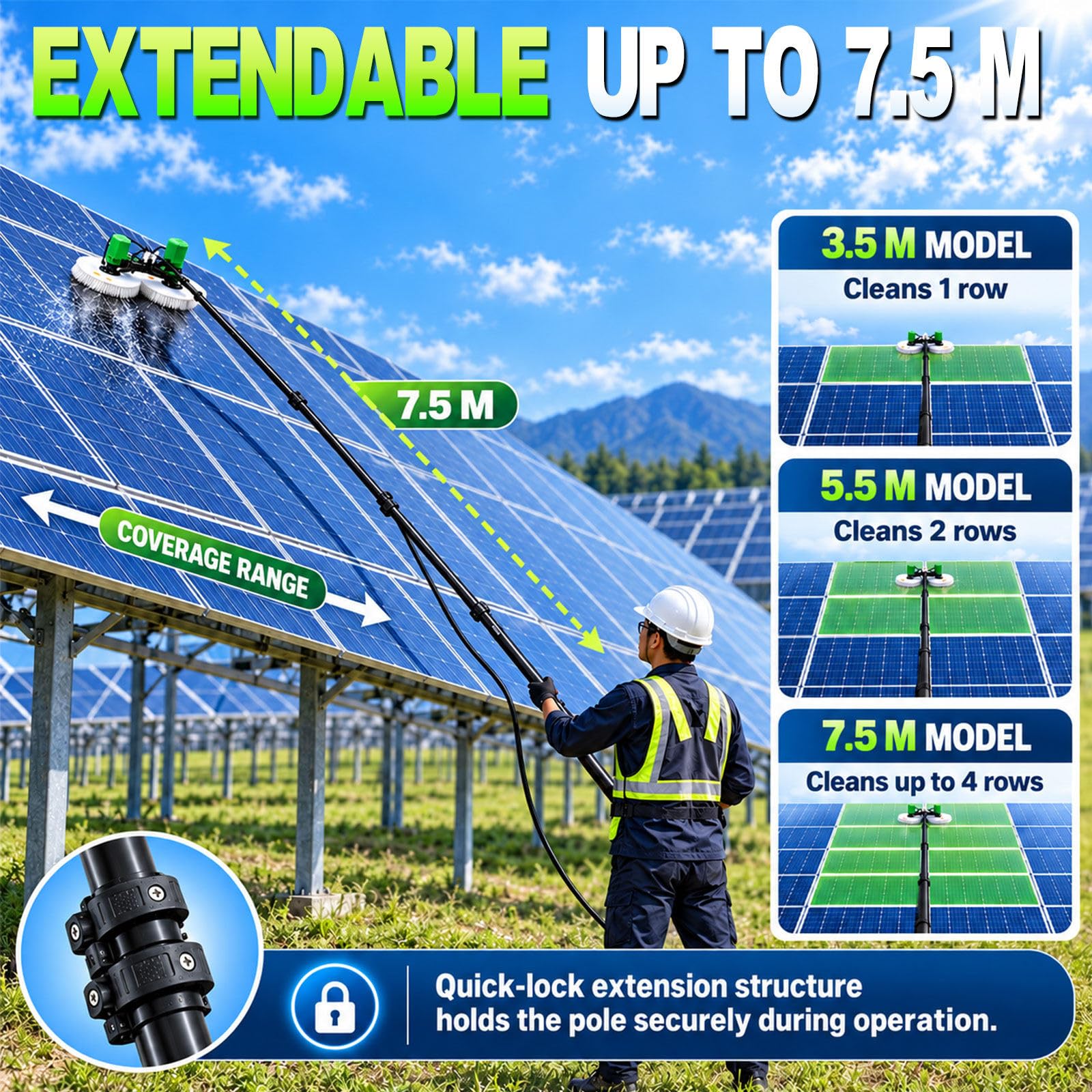 Machine de Nettoyage Électrique à Double Tête pour Panneaux Solaires 7.5m(24.6ft)