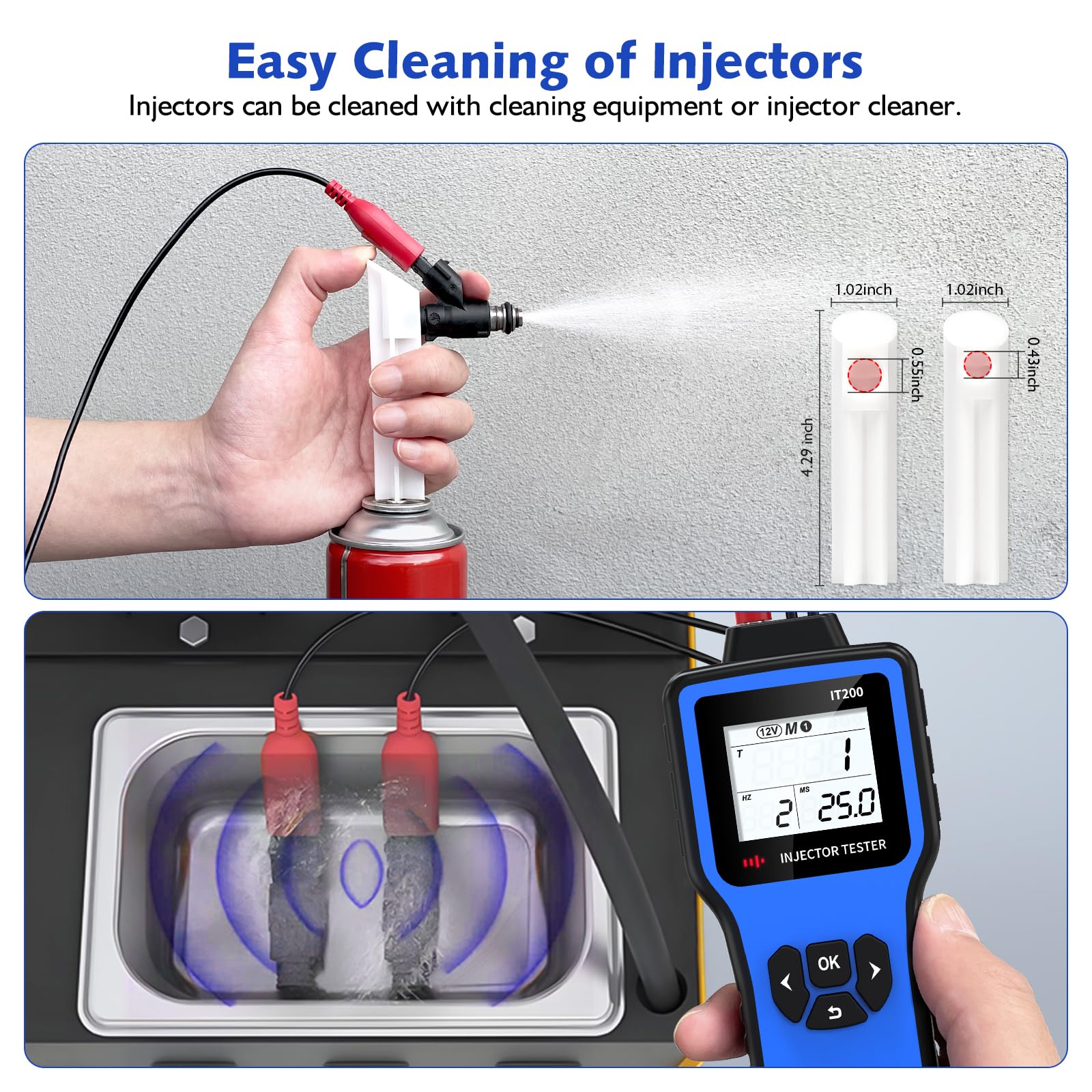 OBDResource Tester digitale a doppio iniettore, 5 V/12 V, tester per iniettori diesel, 5 modalità di prova e display HD, con 2 adattatori per pulizia iniettori
