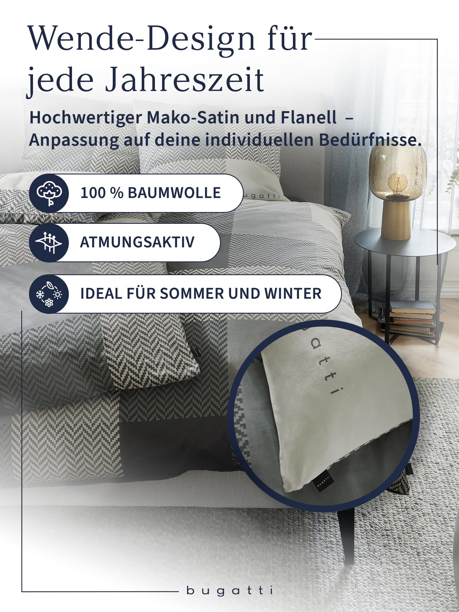 bugatti 2in1 Bettwäsche 135x200 cm - 100% Baumwolle Satin-Flanell Kombibettwäsche, Reißverschluss, anschmiegsam, weich & waschbar, Bettbezug grau Karo