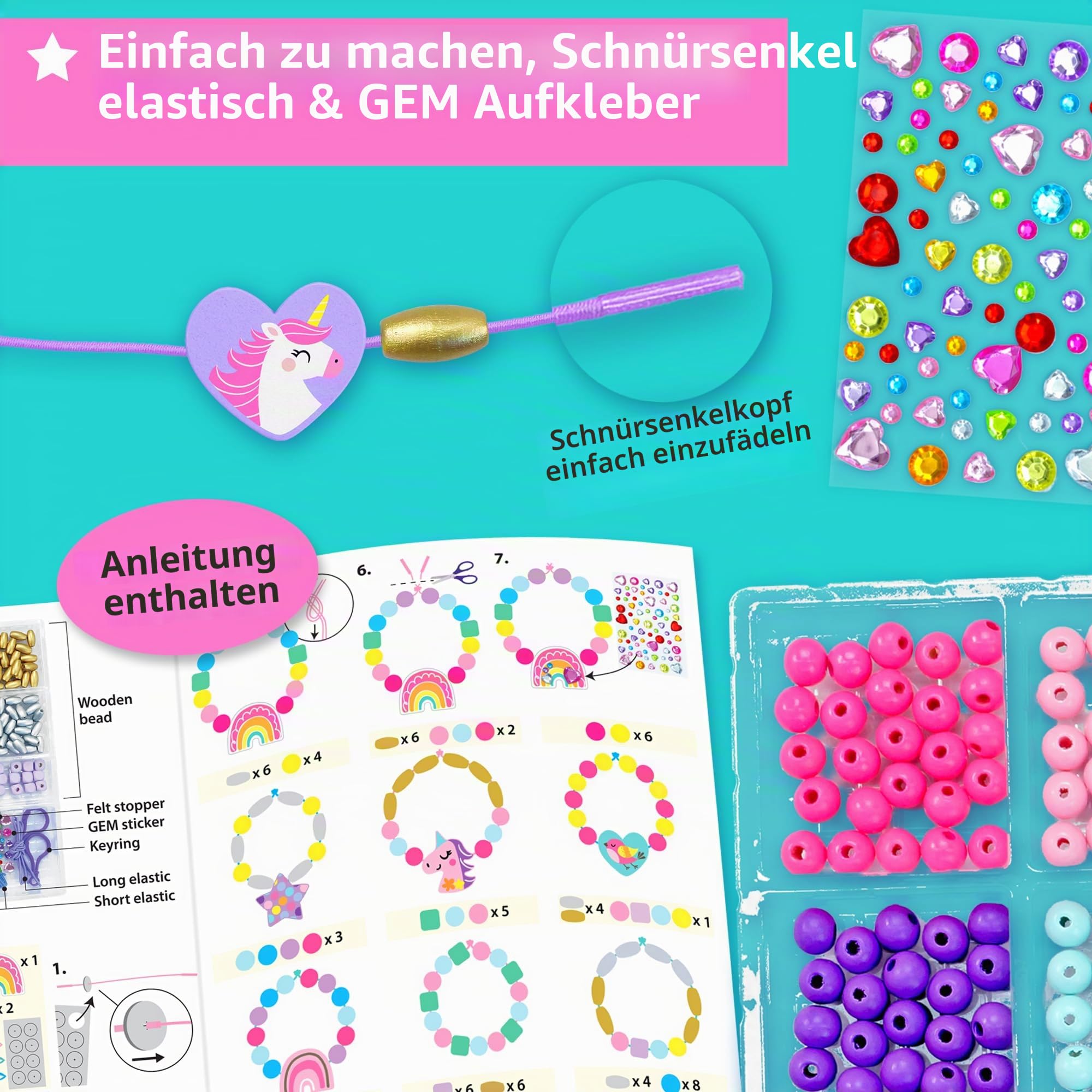 KRAFUN Einhorn-Armband-Bastelset für Kinder im Alter von 5–12 Jahren, 14 DIY-Kunst- und Bastelprojekte mit Freundschaftsarmbändern, Charms, Perlen, Edelstein-Aufklebern, Anleitung, pädagogisches