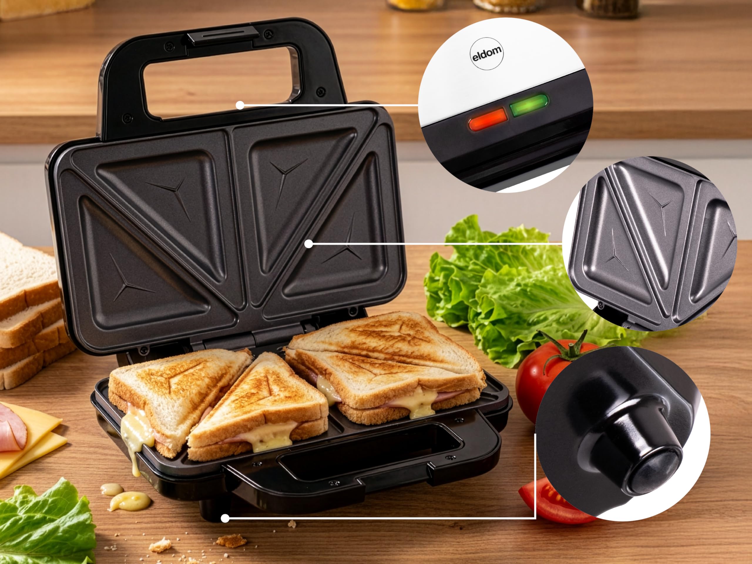 Sandwichera de 900 W, con placas antiadherentes extragrandes, 268 x 145 mm, para 2 sándwiches, almacenamiento vertical, pies antideslizantes, ST160 Eldom