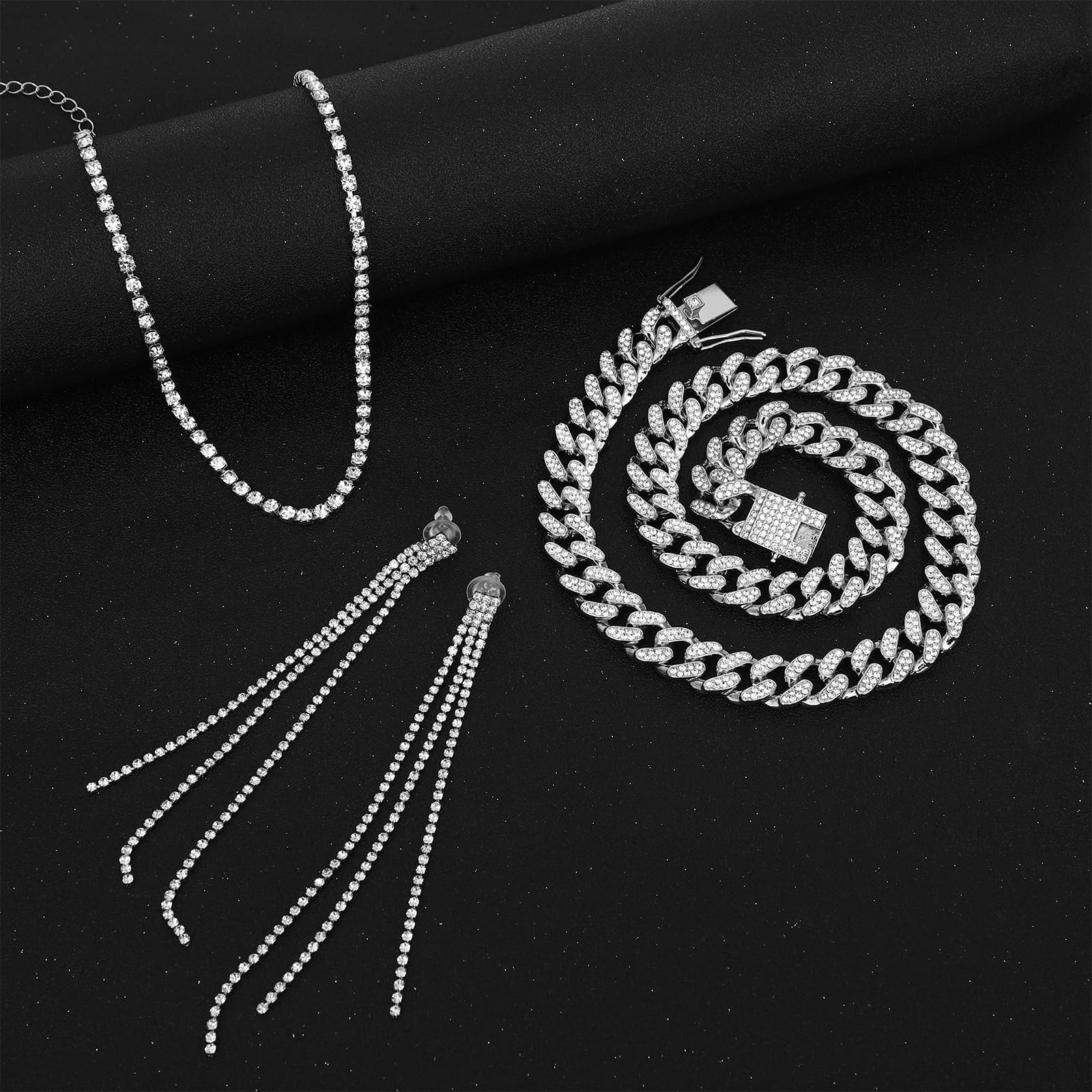 NEWITIN 13 Pieces Silver Jewelry Set for Women Stainless Steel Cuban Link Necklaces Bracelets Earrings Watch Ring Bling Cubic Zirconia Cuban Jewelry Set for Women Men