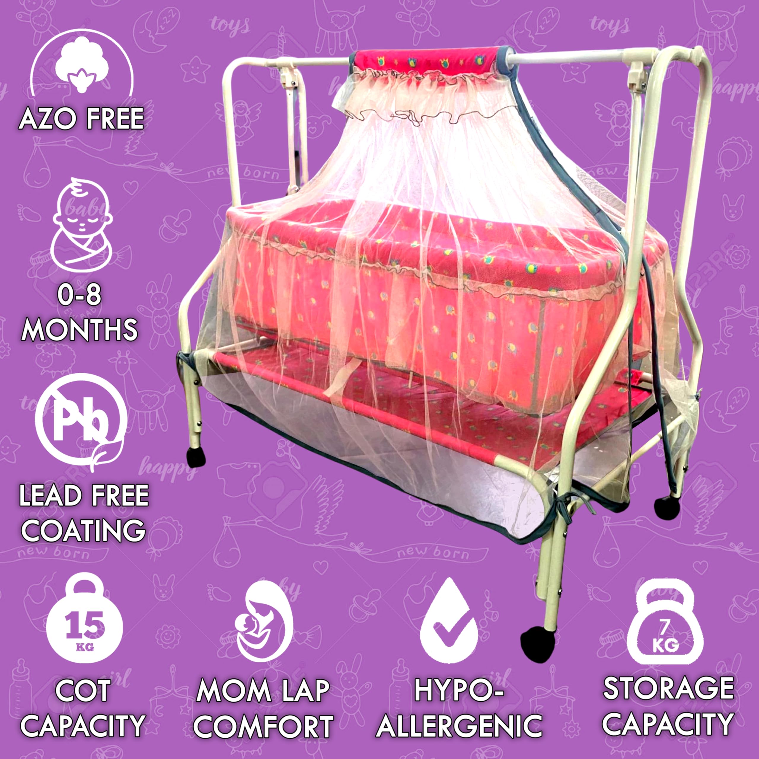 Kiddery Maia | Cradle for Baby | New Improved Mattress Design | Mosquito Protection Net | Smooth Swing | All Wheel Lock | Palna | Jhula | Uyyala| 0-10 Months | Pink 1
