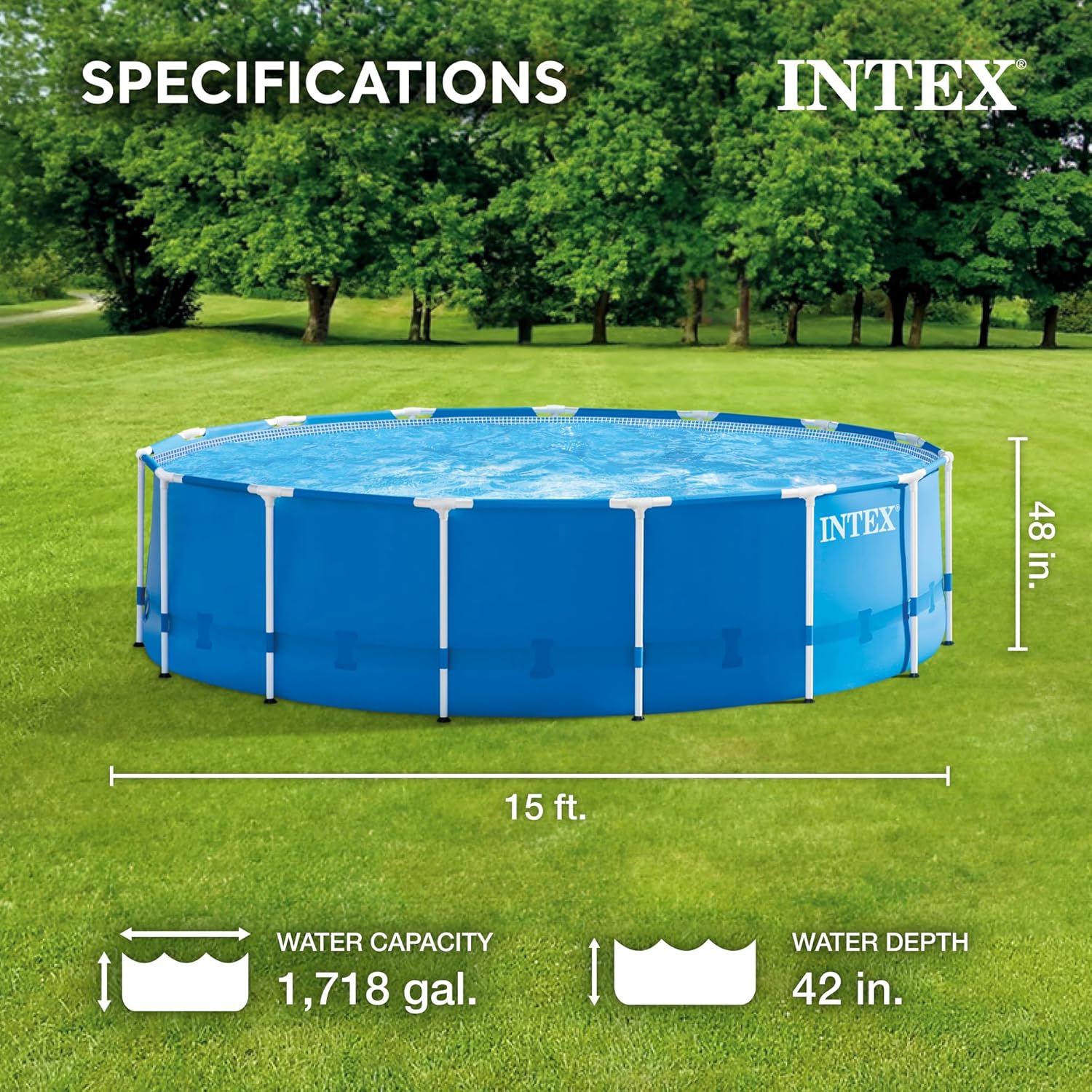 Intex 15ft x 48in Above Ground Frame Swimming Pool Set with 120V 1,000 GPH Pump, Filter Pump Cartridges, Ground Cloth, and Debris Cover
