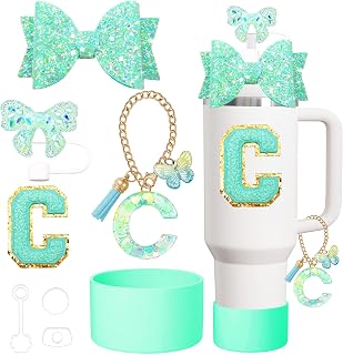 8PCS Stanley Cup Accessories Set for Stanley Cup 30oz 40oz Tumbler with Handle,Including Straw Topper Cover Cap and Boot,Spill Proof Stopper,Handle Charm,Initials Sticker (Mint green C)