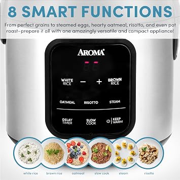 AROMA Digital Rice Cooker, 4-Cup (Uncooked) / 8-Cup (Cooked), Steamer, Multicooker, Slow Cooker, Oatmeal Cooker, Auto Keep Warm, 2 Qt, Stainless Steel Exterior