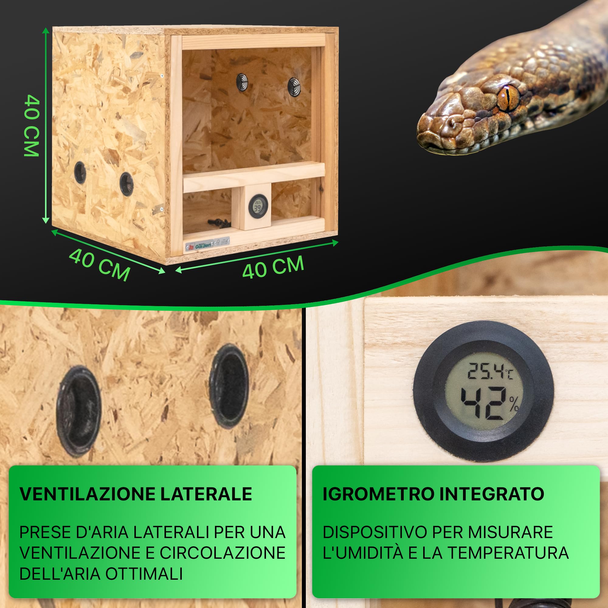 ITA Mini terrario 40x40x40 cm con ventilazione laterale e igrometro integrato - Terrario in legno OSB-3 - Per rettili, serpenti, anfibi - Prodotto UE, certificato FSC