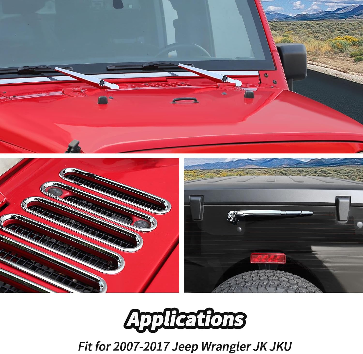 JeCar 10pcs Chrome Hood Vent Covers Windshield Wiper Covers Trim Kit for 2007-2018 Jeep Wrangler JK Exterior Accessories