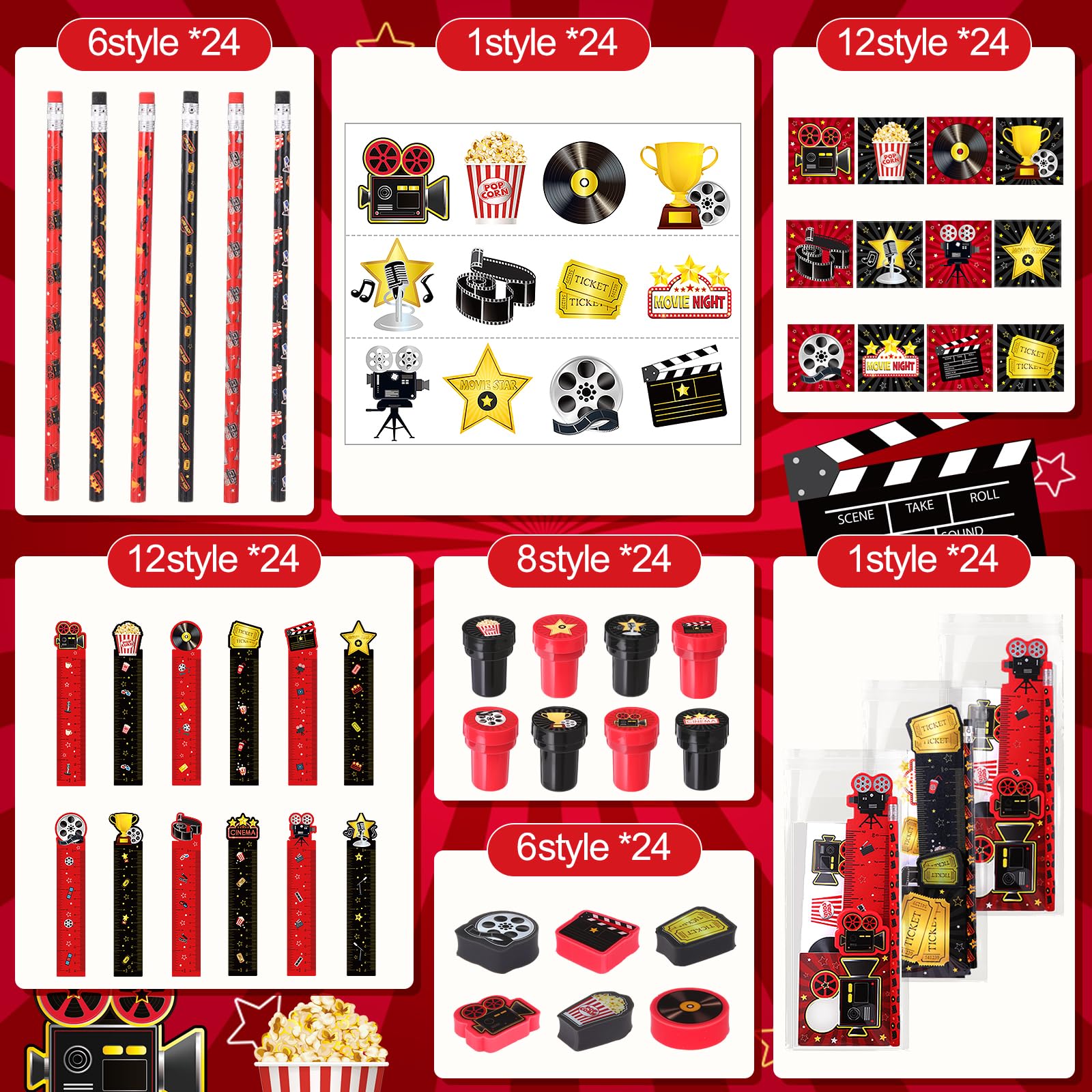 Lot de 168 articles de papeterie pour soirée cinéma, bloc-notes, autocollants, gomme, règle et crayon pour tapis rouge VIP pour fête prénatale, fête d'anniversaire