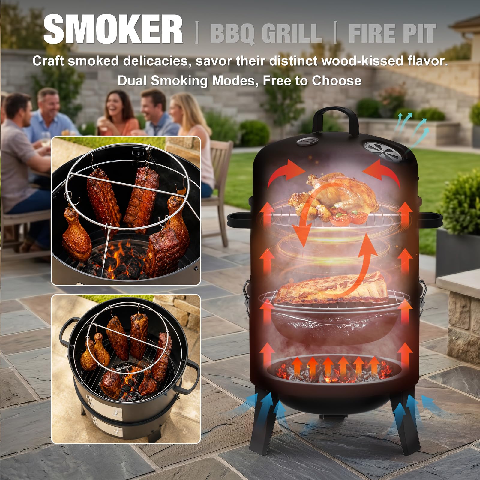 Ahumador de carbón de 16 pulgadas, parrilla vertical para barbacoa, hoguera al aire libre de 402 pulgadas cuadradas, área de cocción, parrilla versátil para ahumar al aire libre, color negro