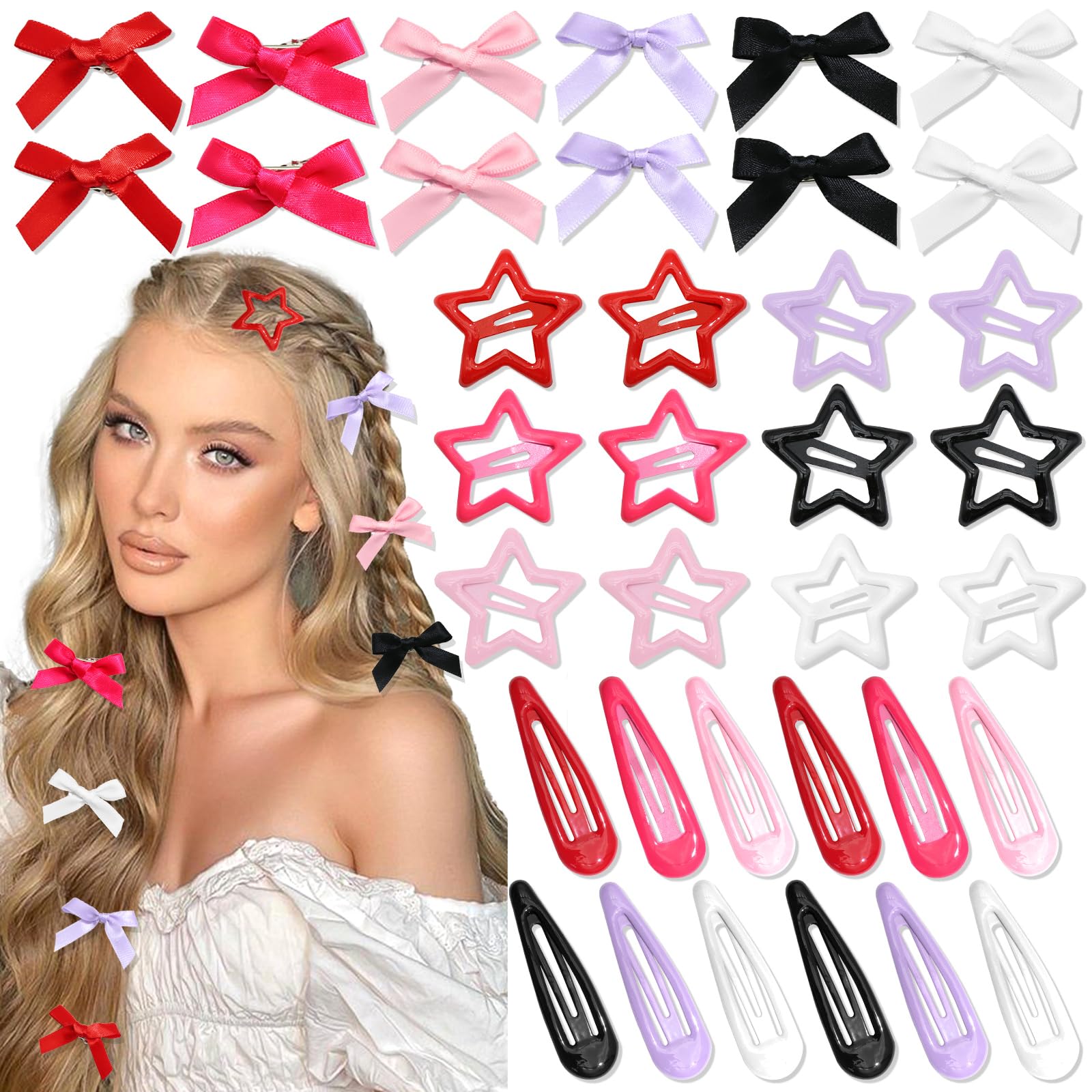 SAWINDA 36Pcs Pink Mini Bow Hair Clips 6 Color Water Drop No Slip Hair Clips for Women White Star Snap Hair Barrettes Black Small Hair Bows Star