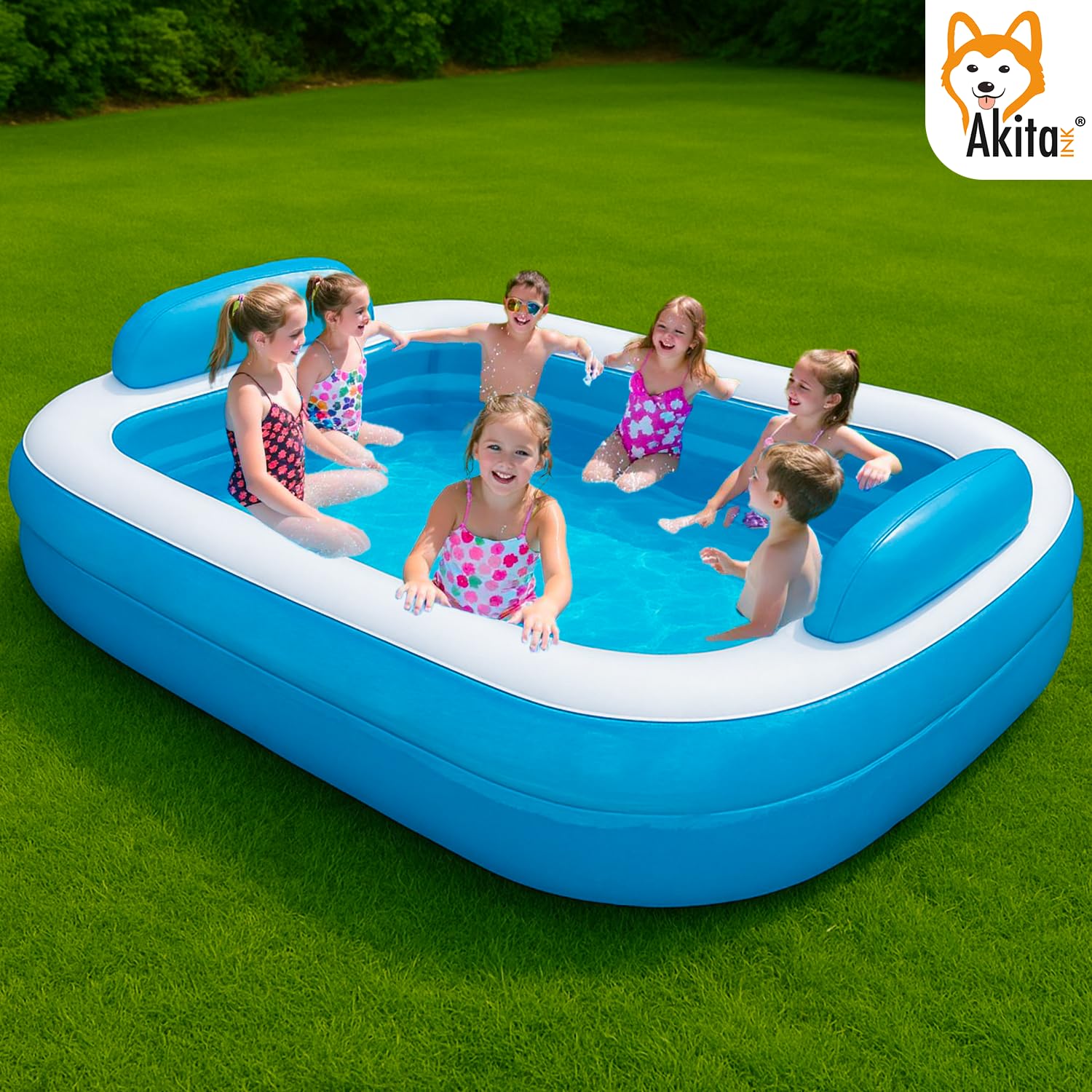 Akitaink Piscina Gonfiabile Family 266x175x50 cm | Con Cuscini Incorporati, PVC Resistente, 2 Anelli, Azzurro Bianco, Per Bambini dai 3 Anni