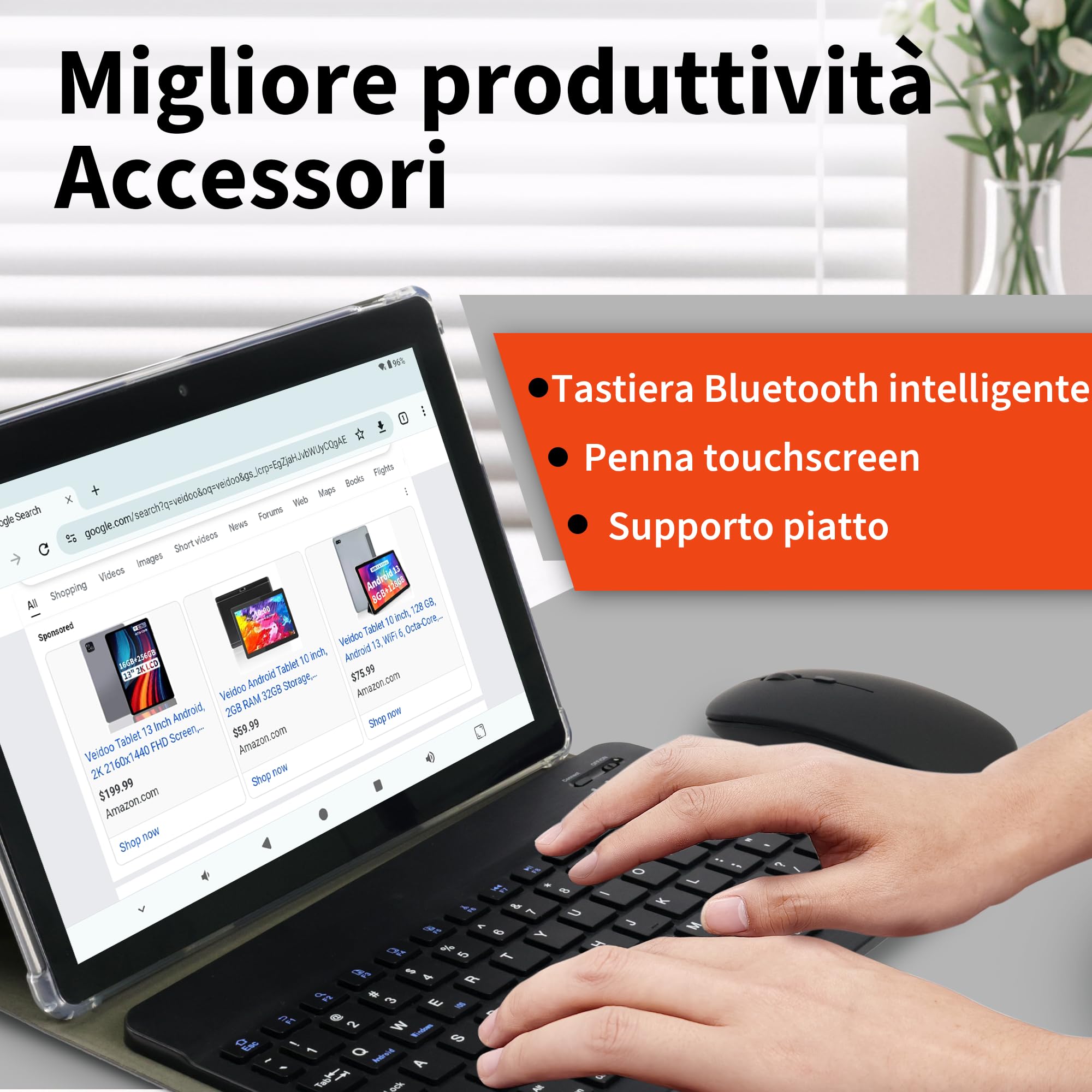 Veidoo Tablet Android portatile 2 in 1 con tastiera, mouse e stilo, tablet 10,1 pollici IPS HD schermo con 7 GB di RAM (3 GB + 4 GB) 64 GB ROM espandibile a 512 GB, processore Octa-Core, WiFi 6