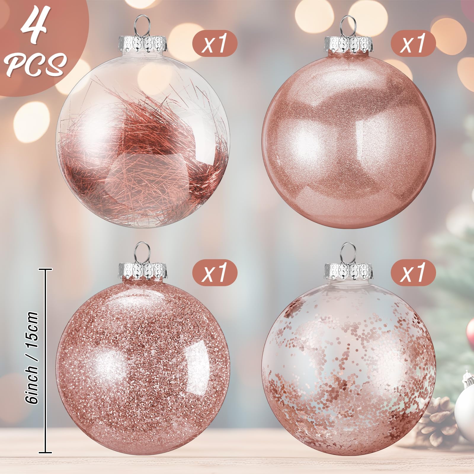 Shappy Lot de 4 grandes boules de Noël en plastique transparent de 15,2 cm avec rembourrage délicat pour décoration de sapin de Noël (or rose)