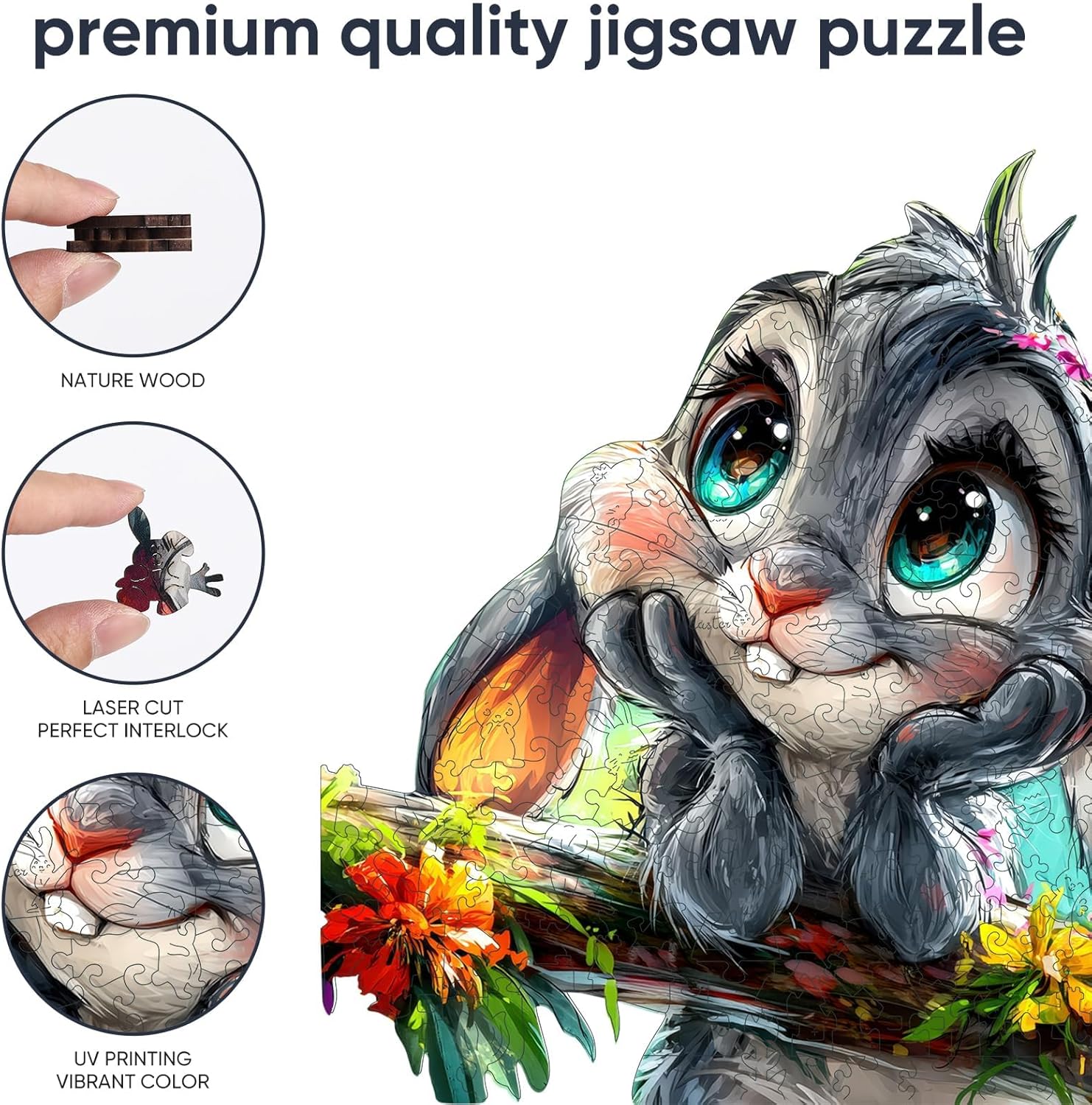 Qiuenisray Easter Wooden Puzzles for Adults, Rabbit Jigsaw Puzzles 200 Piece, FSC Certified Royal Unique Shape Animal Wood Puzzle, Creative Gift for Family Game 11.1x11.4 in