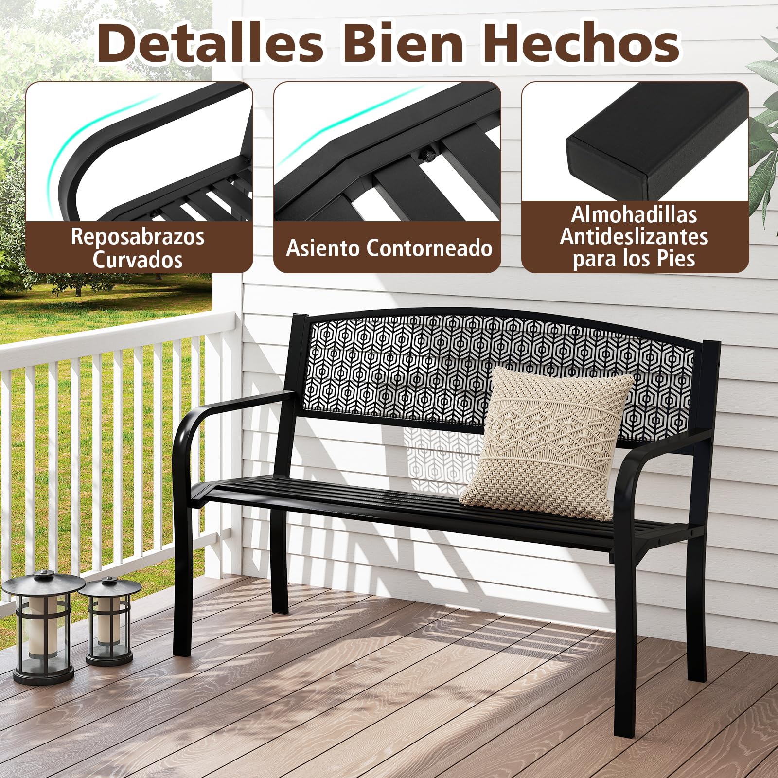 COSTWAY Banco Jardin para 2-3 Plazas, Banco Exterior de Metal, Brazos Curvos y Respaldo Clásico, Terraza Patio Balcon, Carga 300kg, 128 x 60 x 86 cm (Negro)