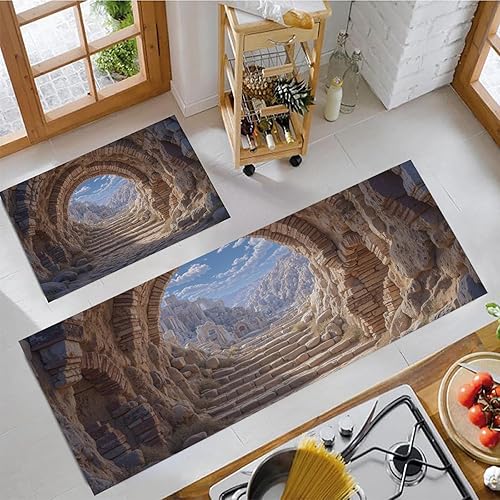 Miniatura 1 de 3D Rock Cave Kitchen Mats, Retro Architecture Kitchen Rugs Set of 2, Brown Washable Floor Carpet, Xmas Decor Mats for Hallways Bathroom Living Room