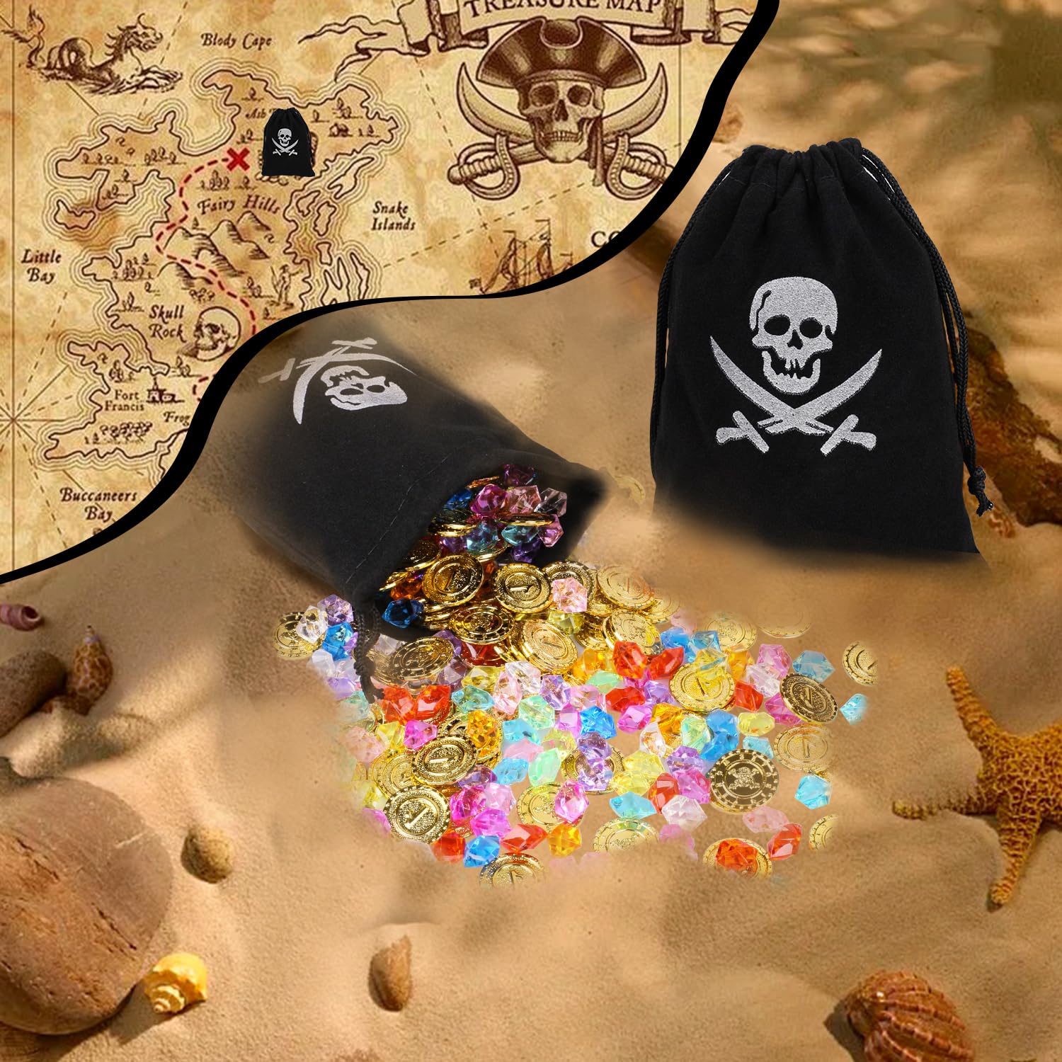 Dncvb Lot De 186 Trésors De Pirate, 6 Sacs Au Trésor De Pirate Avec Cordon De Serrage + 60 Pièces D'or Pour Enfants + 120 Pierres Précieuses De Pirate Pour Enfants, Cadeau