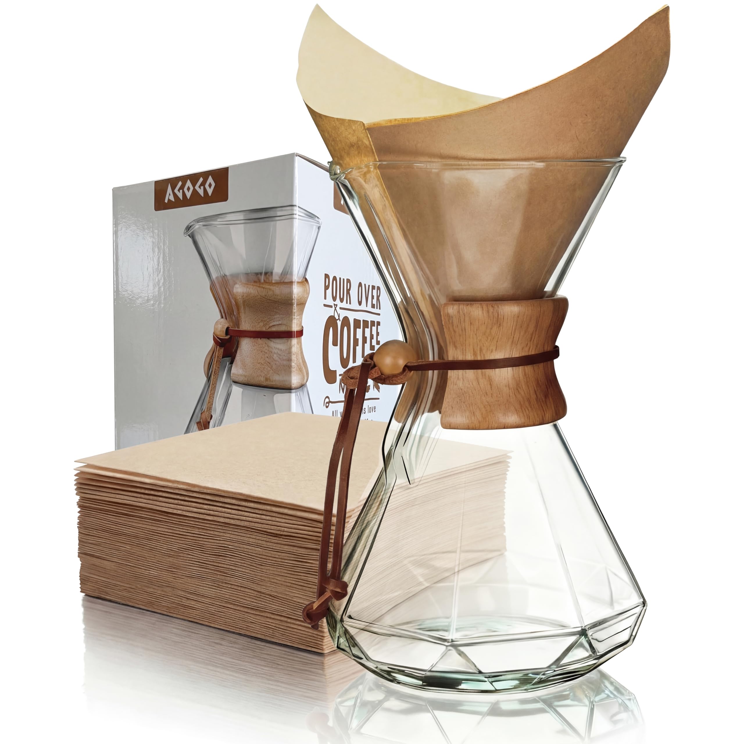 AGOGO Pour Over Coffee Maker Set, 34oz Diamond Style, 50 Paper Filters