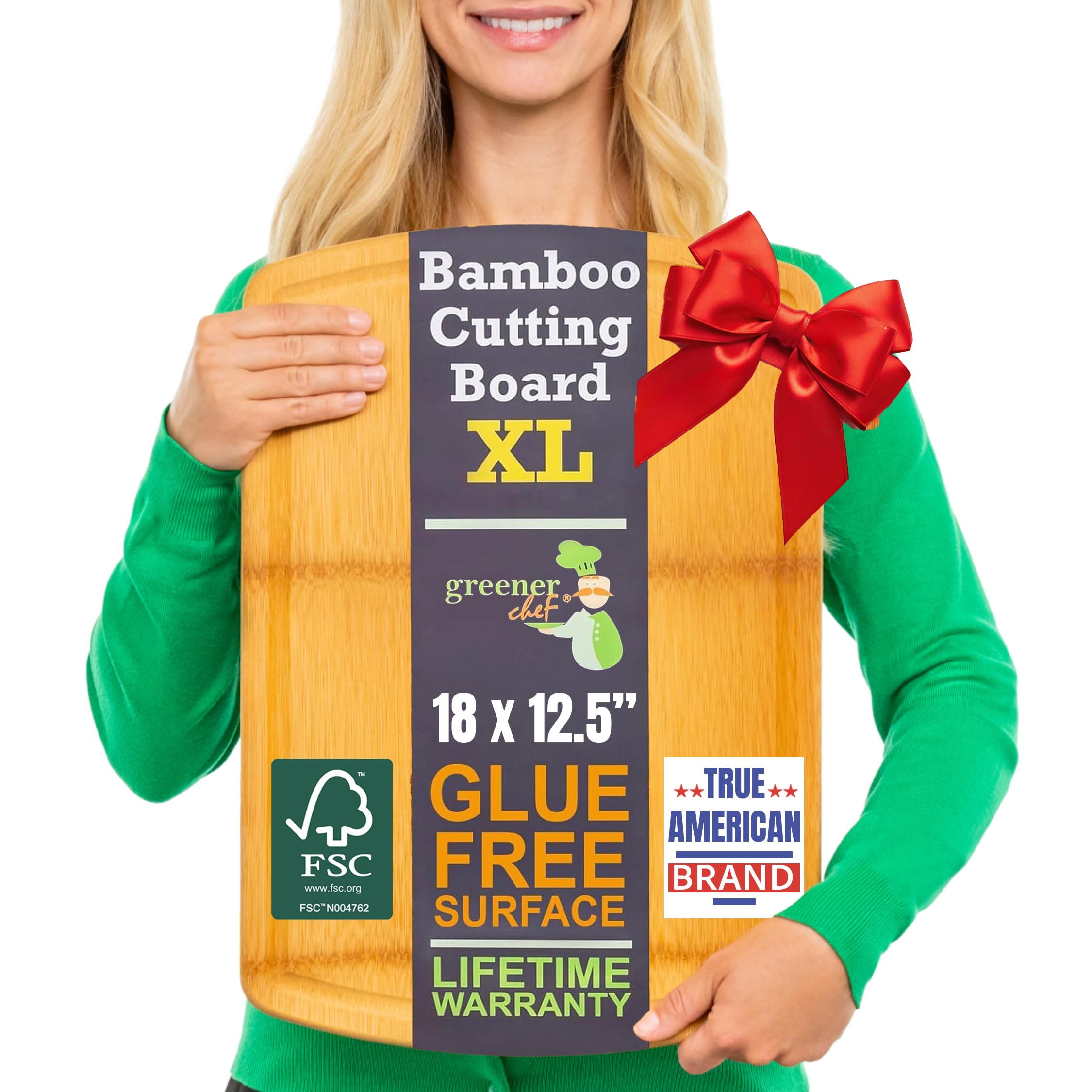 FSC-Certified Extra Large Bamboo Cutting Board Featuring 18 Inch Glue-Free Surface™ – XL, Non-Toxic Wooden Board for Family Kitchens, Butcher Block Style Food Prep with Lifetime Replacements