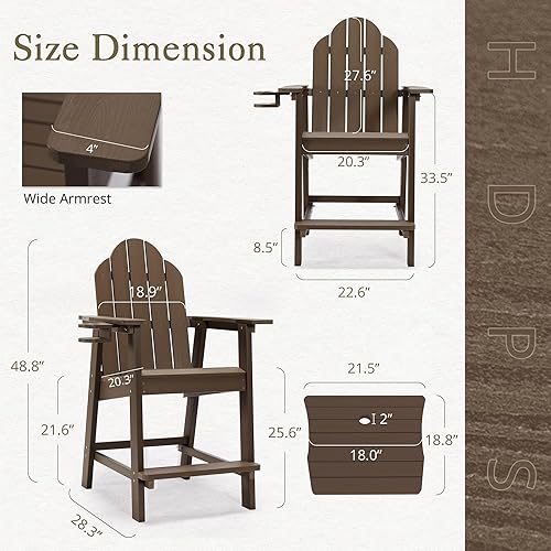 Miniatura 5 de LUE BONA Juego de 2 sillas altas Adirondack de polietileno reciclado con soporte para tazas, 25.6 pulgadas, 300 libras, ecológicas, resistentes a la