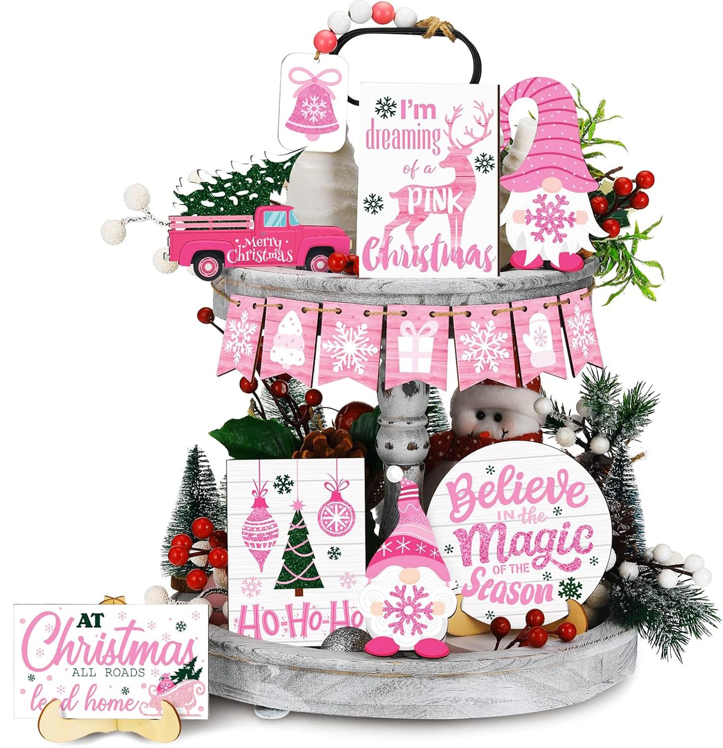 Farmhouse Rustic Pink Christmas Decor - Tiered Tray with 15 Pcs Ornaments, Gnome, Truck, Snowflake Wooden Sign for Centerpiece, Table, Party, Holiday