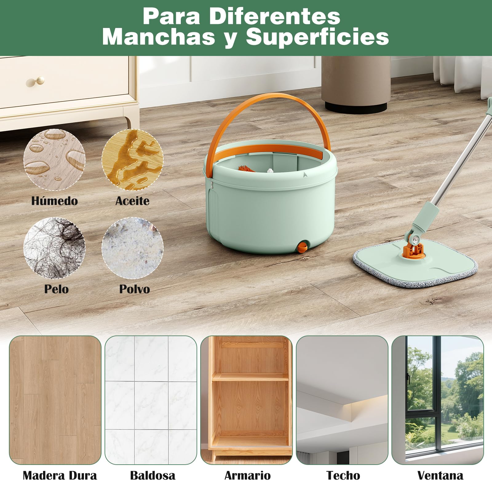 COSTWAY Juego de Fregona Mopa, con Cubo Escurridor, Fregona Autoescurrible, Fregona y Cubo para Suelo Plano con Paños de Microfibra Lavables, Sistema de Limpieza para Uso en Húmedo y Seco, Verde