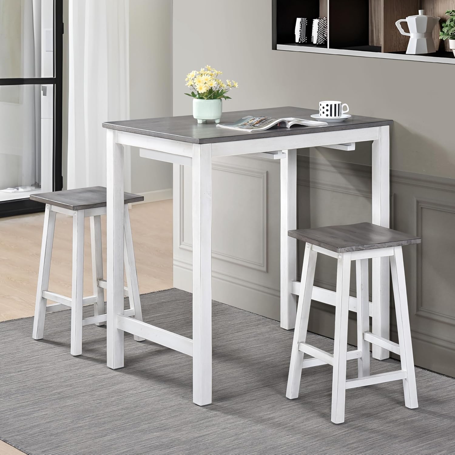Small Kitchen Island with Seating, Modern Farmhouse 3 Piece Counter Height Dining Set, Solid Wood Counter Bar, Space Saving Breakfast Pub Set for 2, Ideal for Small Home