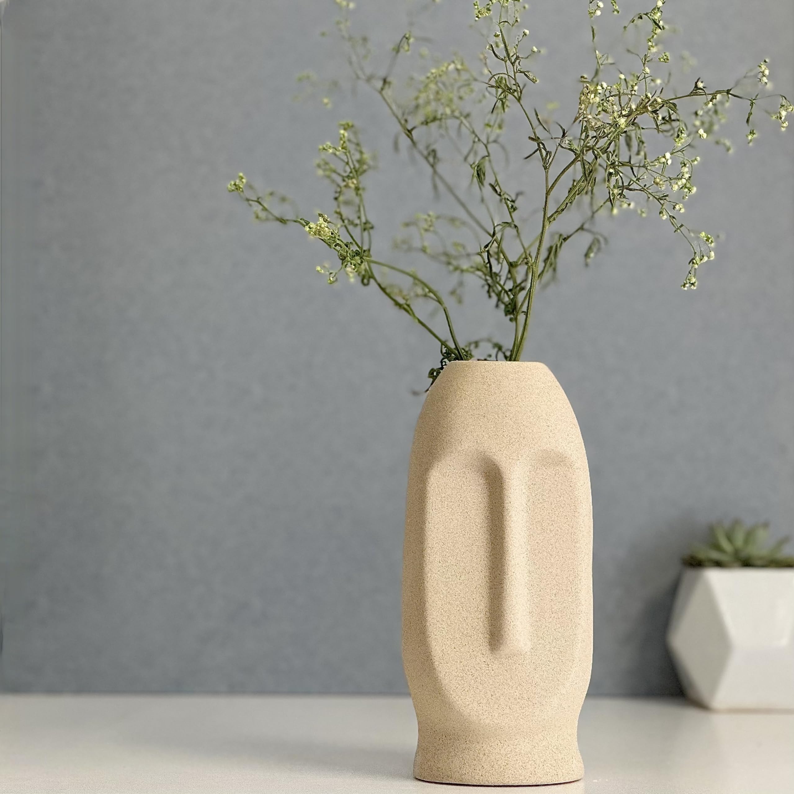 URBAN SENSE™ | Ceramic Abstract Face Vase | Ceramic Flower Vase | Flower Vase for Home Decor | Home Decoration Items for Living Room | Face Vase Matte (Rough) Finish, 10 Inches (Beige)