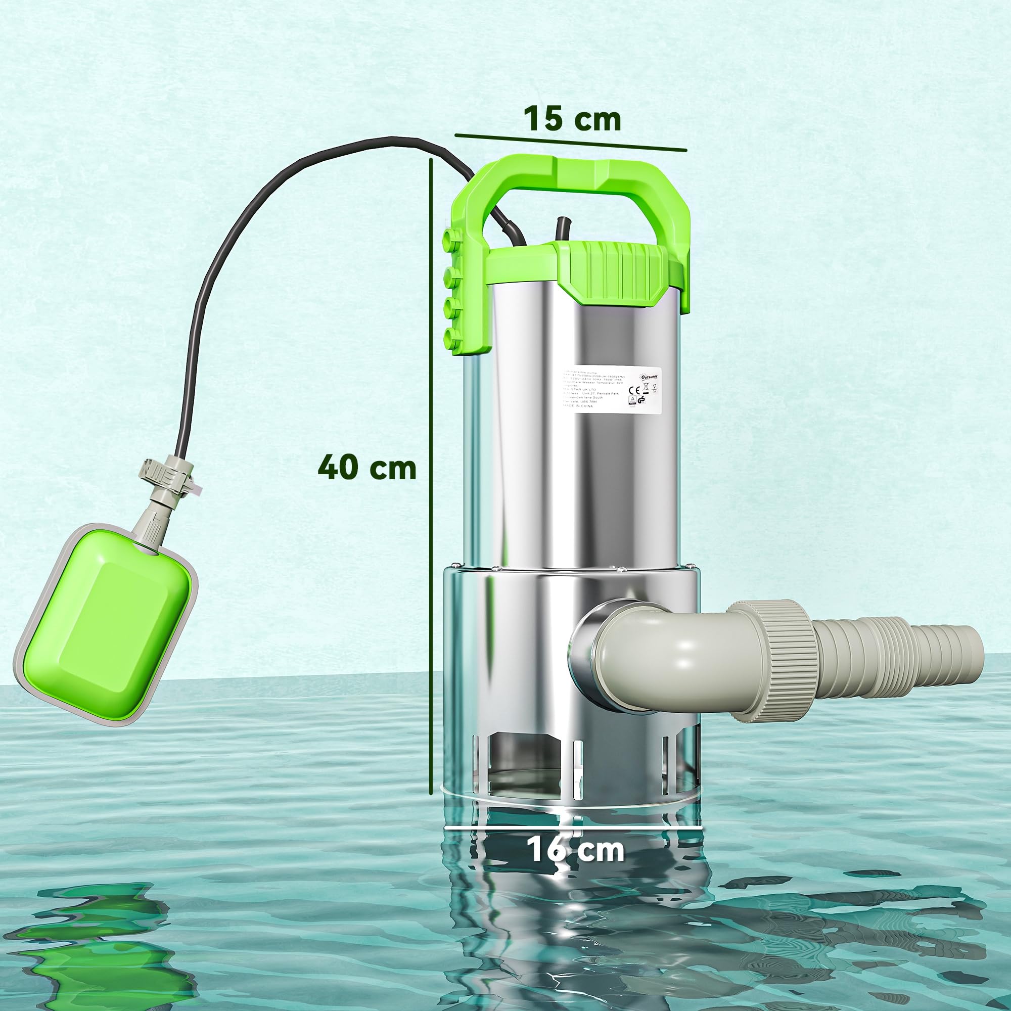 Outsunny Bomba Sumergible Aguas Residuales 1100W 18000 l/h con Interruptor Flotador
