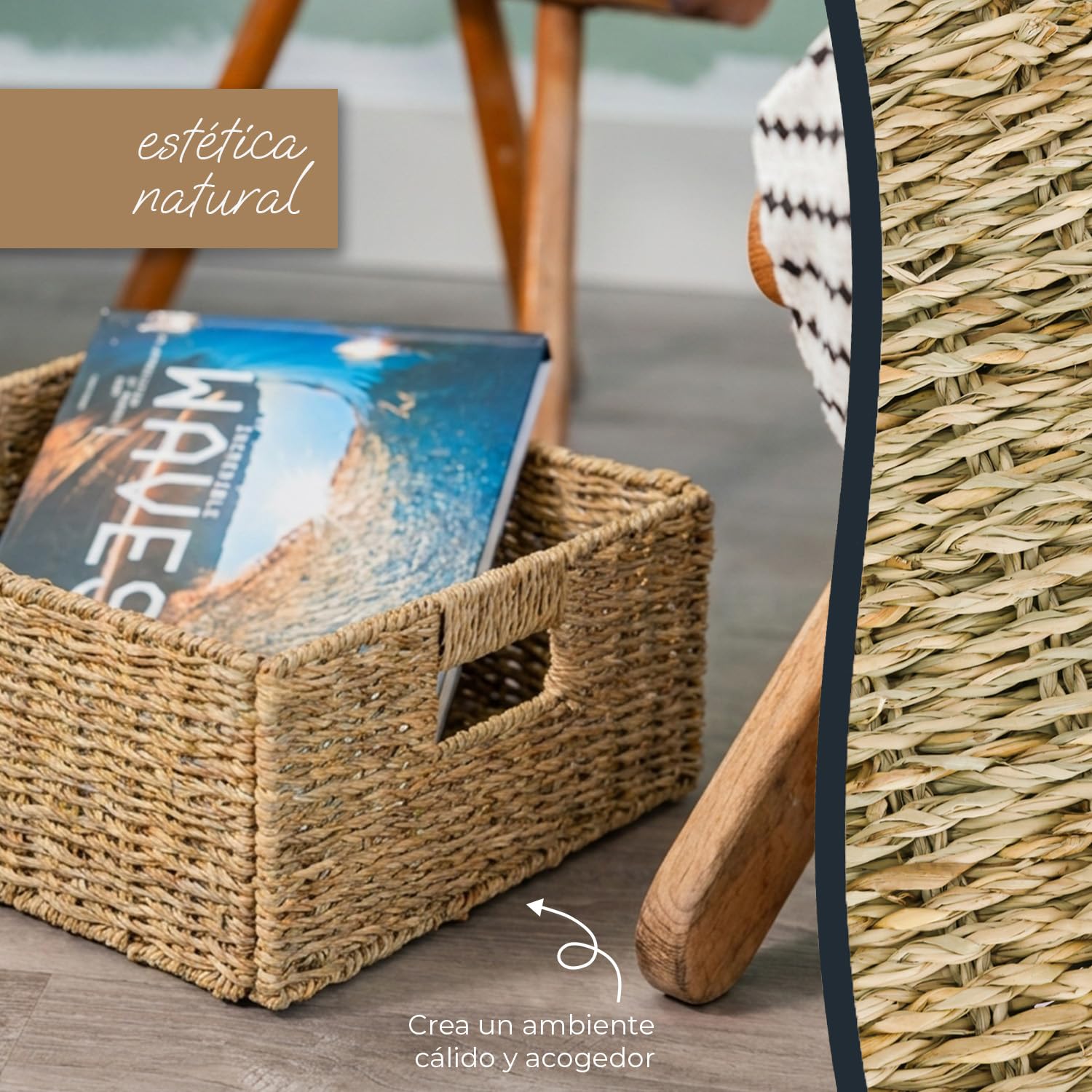 HMF Cesta de almacenamiento compatible con KALLAX medio compartimento, cesta trenzada de algas marinas con asas | set de 2 | 30 x 34 x 15 cm | Natural