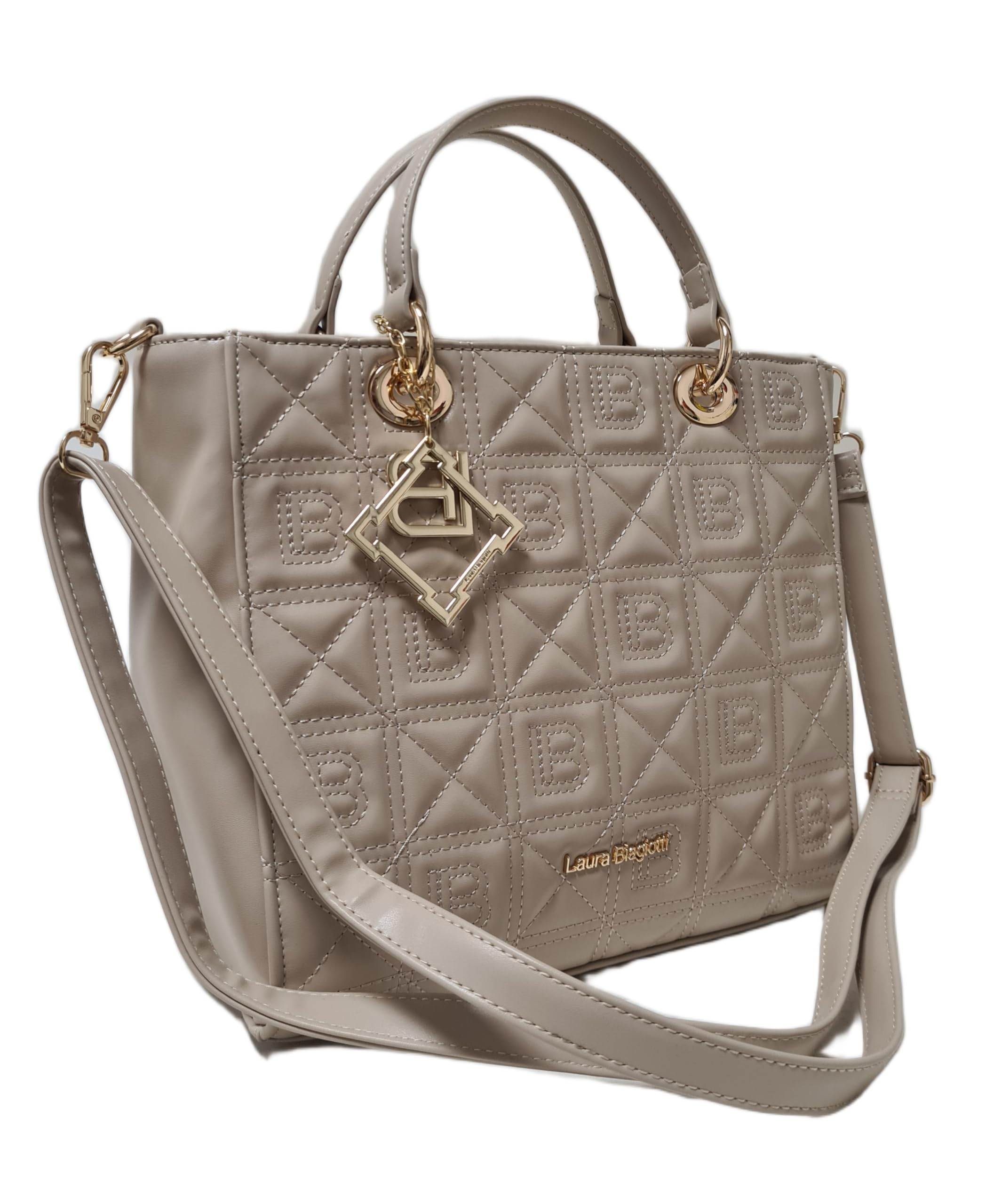 Laura Biagiotti Bolso de mano y bandolera línea Odaly, piel sintética acolchada en la parte delantera, con logotipo LB, dimensiones 28 x 25 x 14 cm Art: LB26S-116-1 (natural) | Ligera