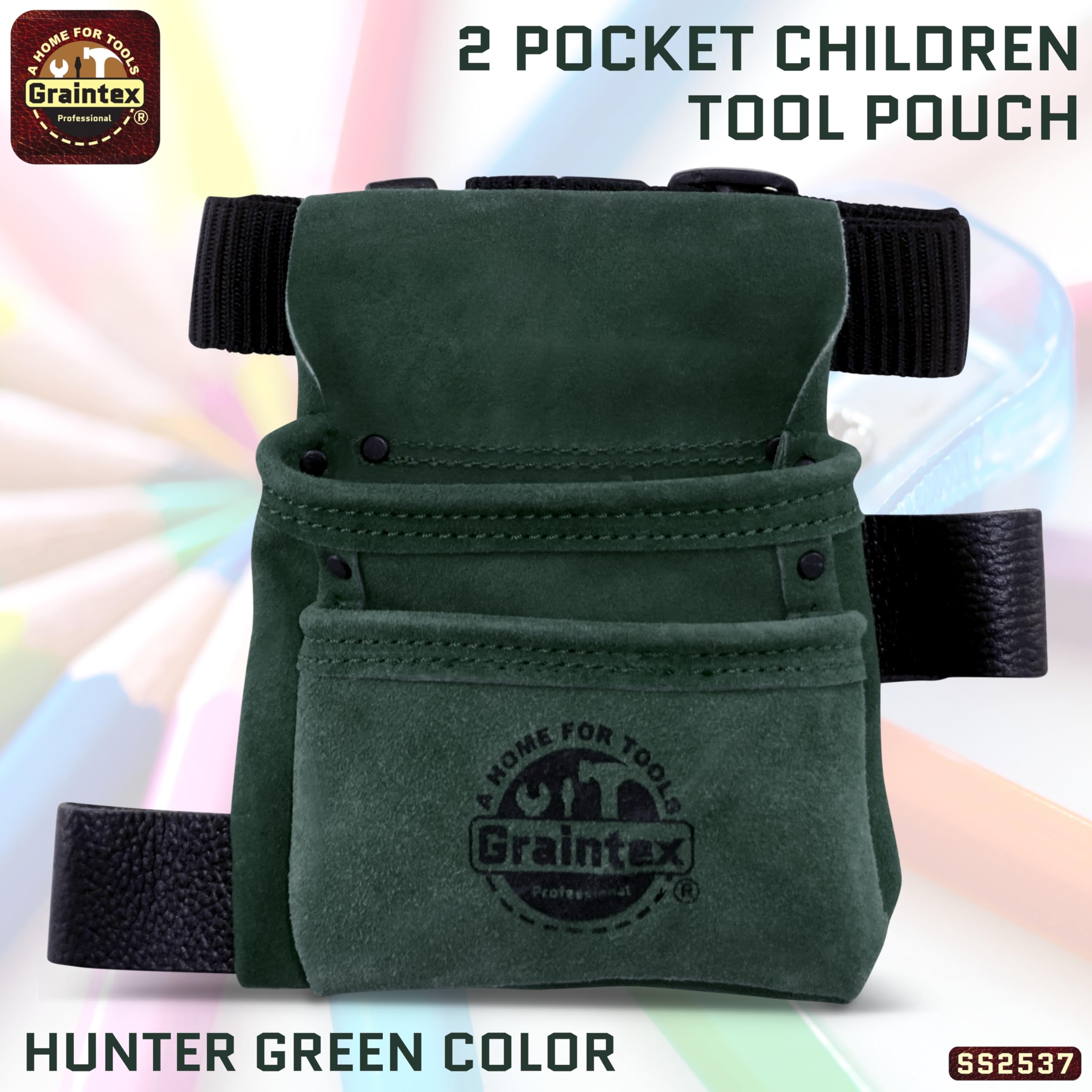 Graintex SS2537 - Bolsa de Herramientas para niños, 2 Bolsillos, Color Verde, Piel de Ante con cinturón