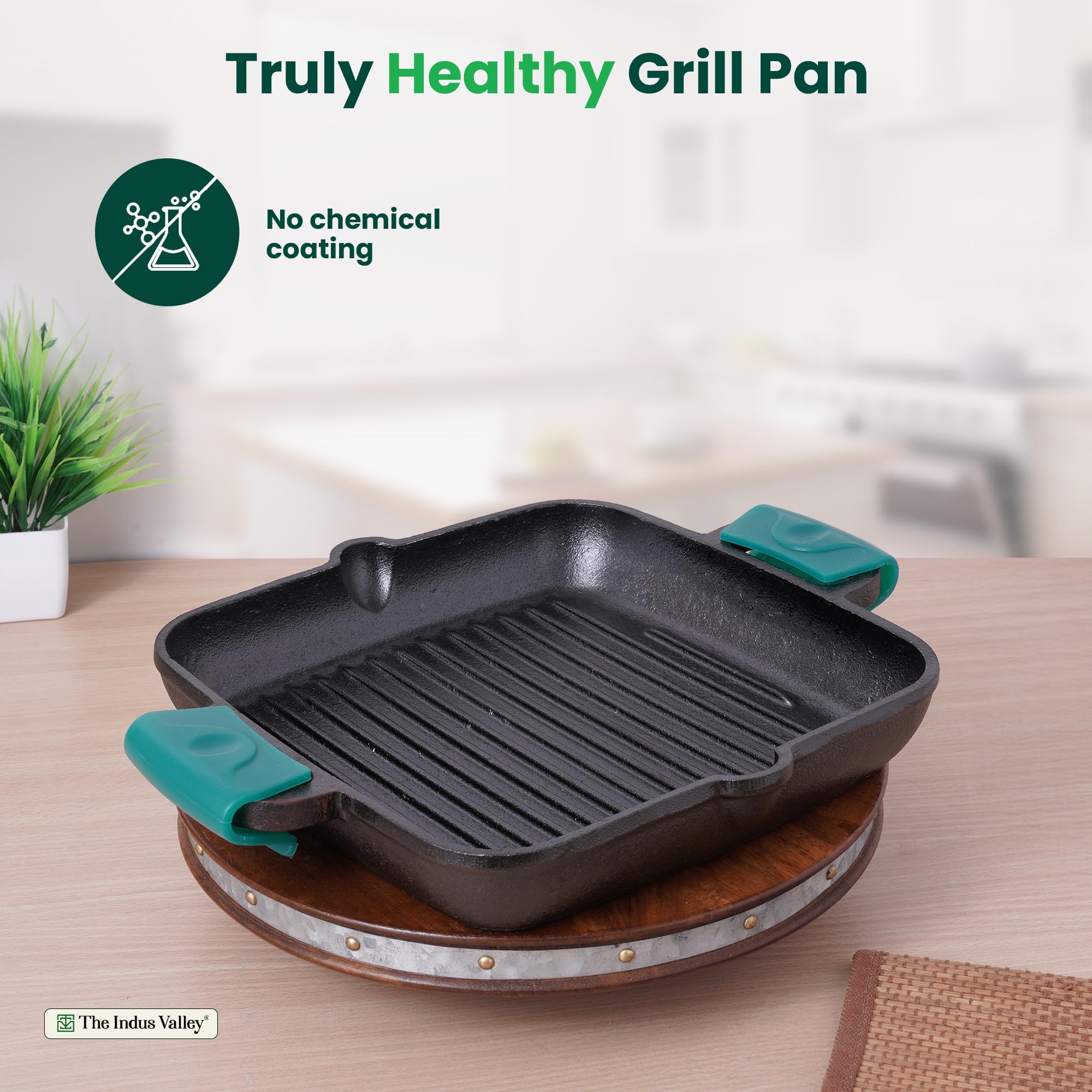 The Indus Valley Pre-Seasoned Cast Iron Square Griddle Pan with Double Handle|Medium, 27.2 Cm/10.7 Inch, 4.1Kg|Gas Compatible|100% Pure & Toxin-Free, No Chemical Coating, Black 1