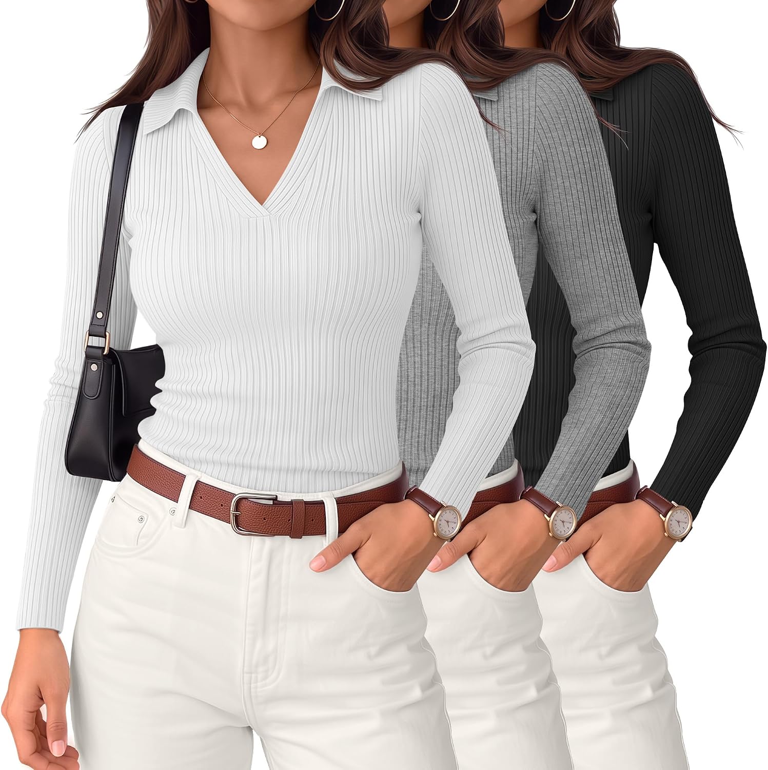 Huukeay 3 Pack Women Long Sleeve Polo Shirts Business Casual Top