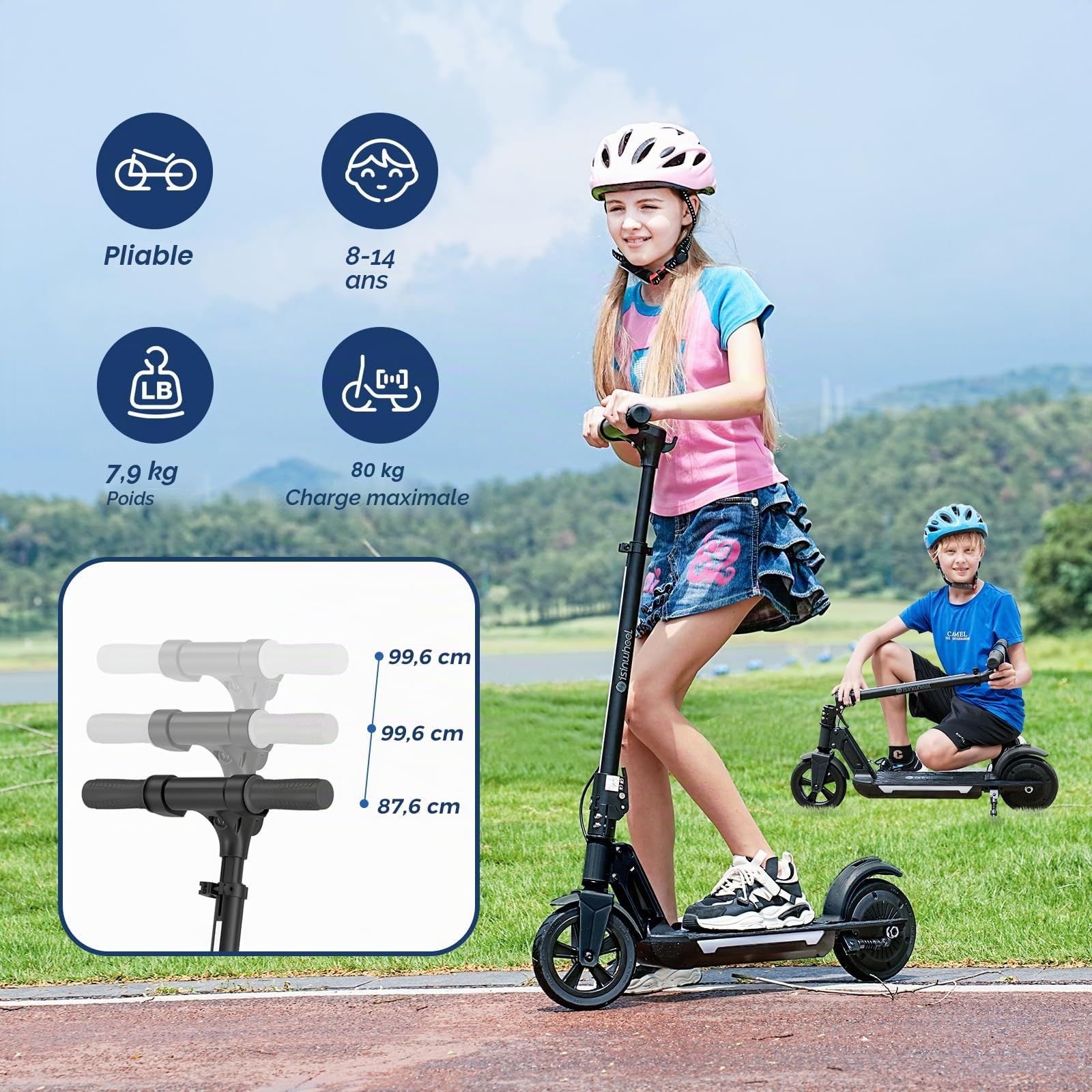 Trottinette électrique Pliable pour Enfants de 8 à 14 Ans, avec Musique et lumière, Moteur de 250 W, autonomie de 5,2 Ah à 16 km et 3 Vitesses, Double système de freinage, 80 kg, Cadeau pour Enfants