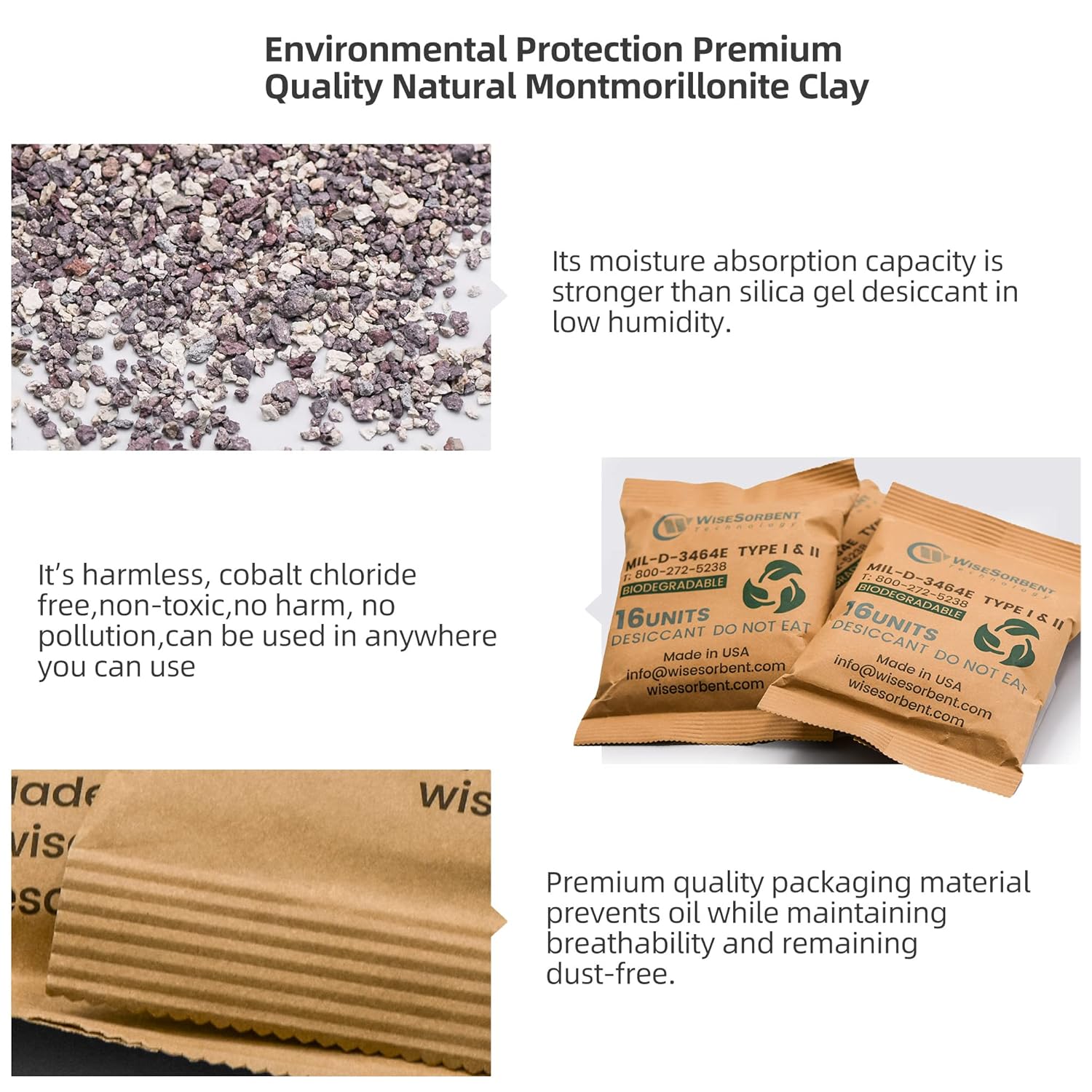Wisesorb Kraft Clay Desiccants Packs for Safe, 528 Gram 6 Packs Dehumidifier for Gun Safe, Military Grade Moisture Absorbers, Conforms to MIL-D-3464E Type I & II Absorbents
