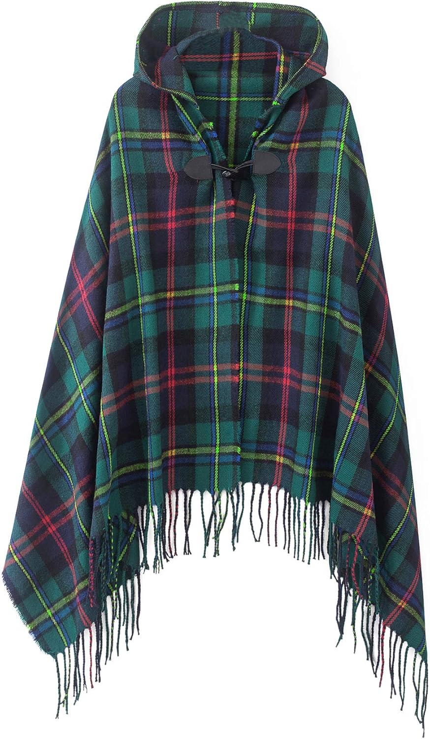 Women's Vintage Plaid Knitted Tassel Poncho Shawl Cape Button Cardigan
