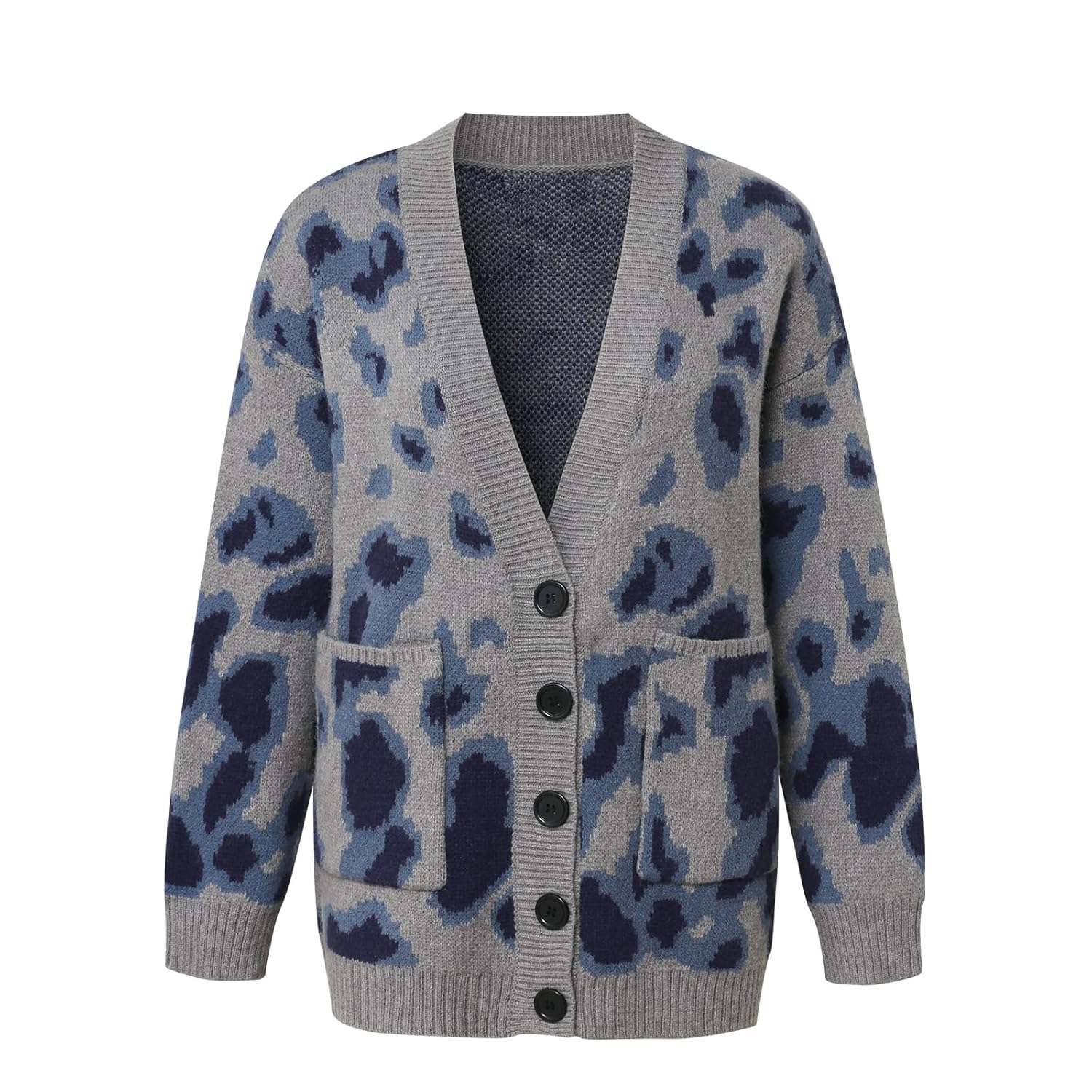 Womens Leopard Print Button Down V Neck Long Sleeve Loose Casual Knit Cardigan with Pockets