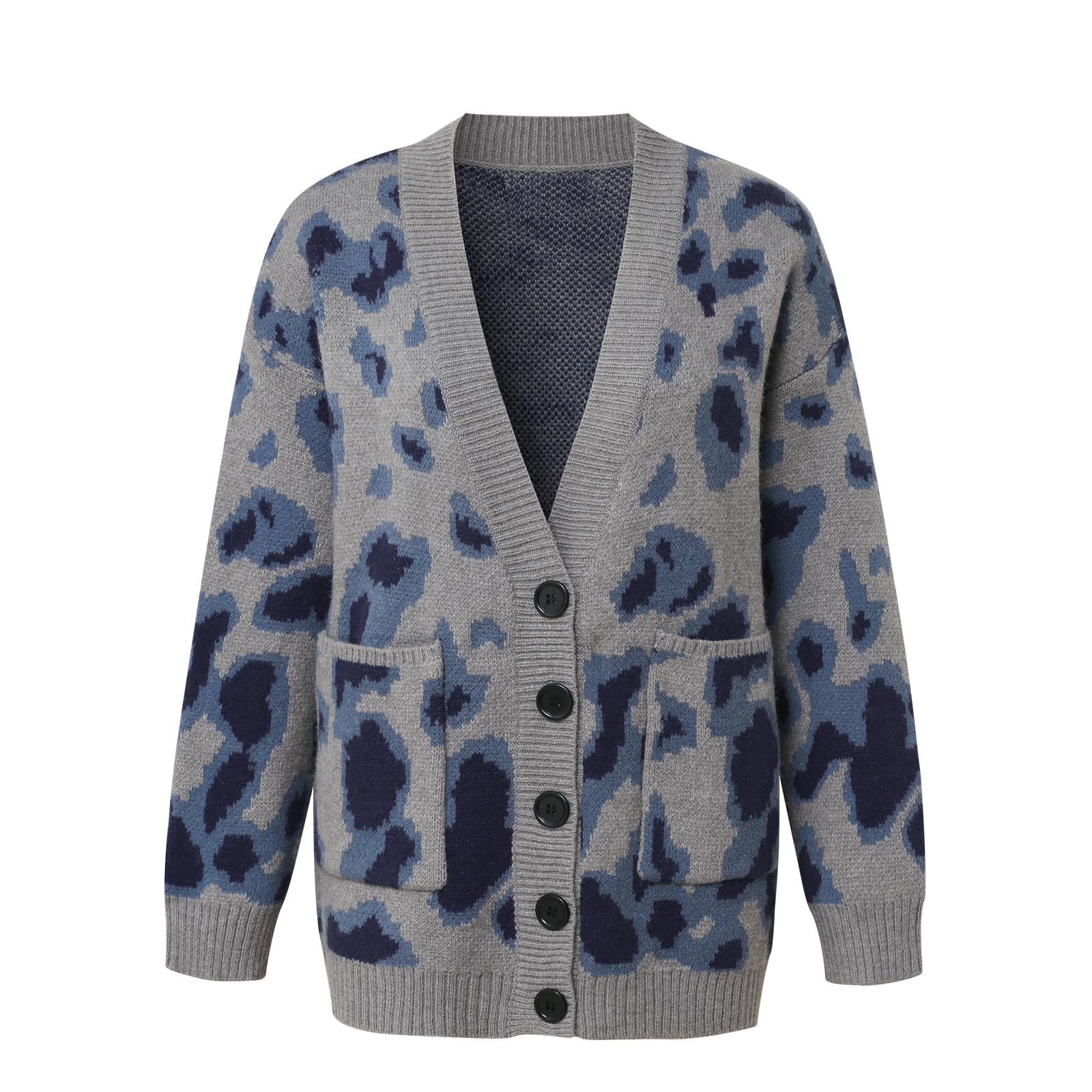 Womens Leopard Print Button Down V Neck Long Sleeve Loose Casual Knit Cardigan with Pockets